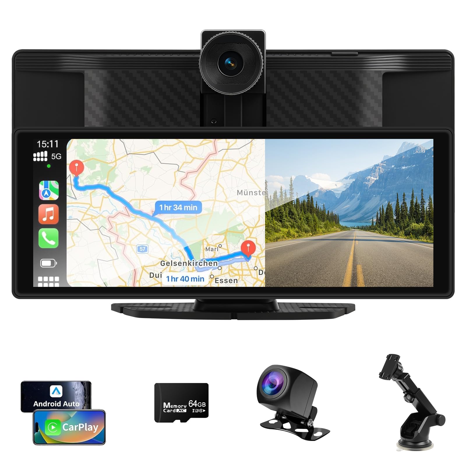 Pantalla Carplay de 10.26" - Pantalla inalámbrica Android Auto Car Play con cámara 4K Dashcam 1080P Cámara de Marcha atrás Pantalla táctil IPS Bluetooth Mirror Link Pantalla Dividida FM/AUX 64GTF