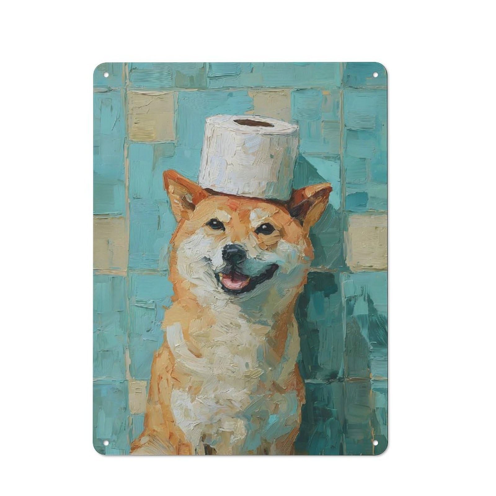 Junmoney Style-9 Loft Style Metal Wall Art Sign 40X30cm Featuring Shiba Inu With Toilet Paper Hat, Urban Room Decor For Loft, Studio, Office Or Creative Room