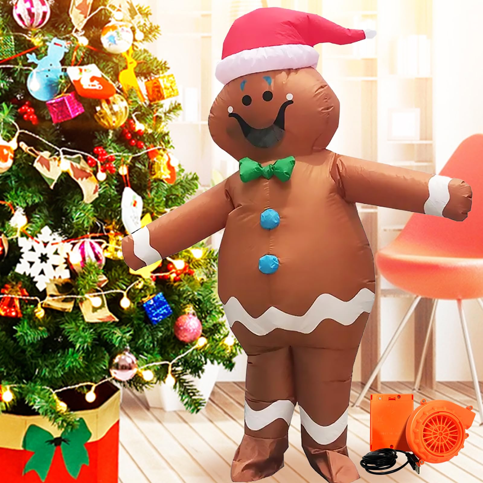 Aufblasbarer Weihnachts Kostüm, Lebkuchenmann Aufblasbares Kostüm für Erwachsene Aufblasbare für Halloween Party Geburtstag Weihnachten Cosplay Einfaches An und Ausziehen Batterie oder USB Angetrieben