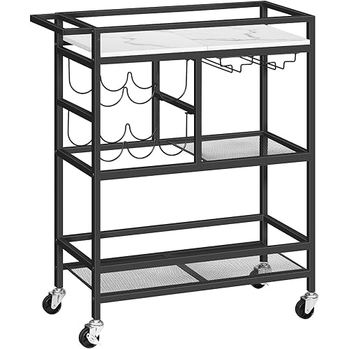 MAHANCRIS Bar Cart for Home, 3-Tier Serving Cart with Wheels and Handle, Beverage Cart with Wine Rack and Glass Holders, Rolling Wine Cart for Kitchen, Dining Room, Marble and Black RCHM6101
