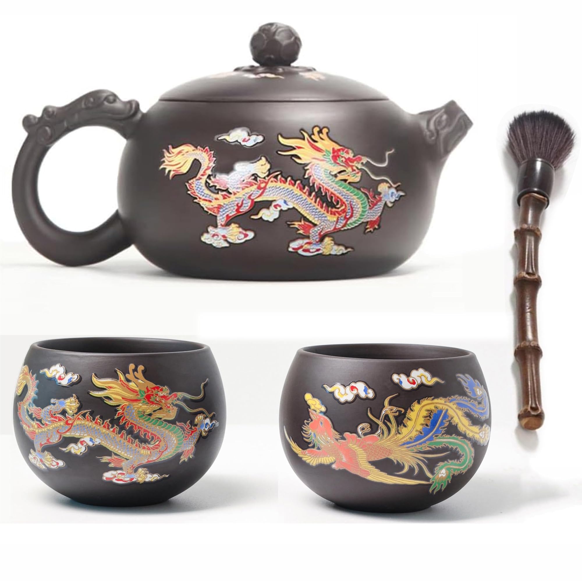 Hand-made Dragon and Phoenix Purple Clay Teapot
