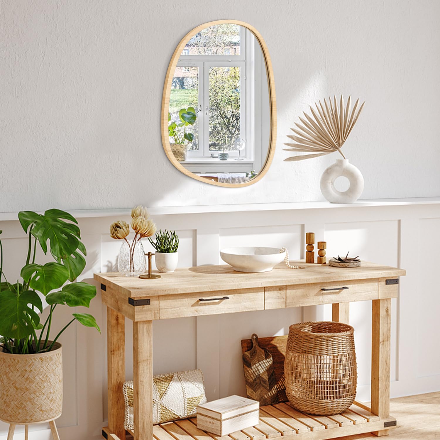 Unregelmäßiger hölzerner Wandspiegel Ovaler Rahmen Asymmetrischer Spiegel für Wand Eitelkeit Schlafzimmer Badezimmer Wohnzimmer Flur Modern Einzigartig Dekorativ Kunstvoll Hängender Spiegel