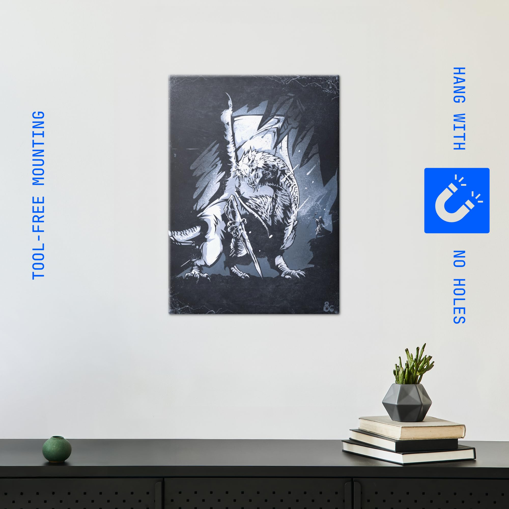 Displate Metall poster Dungeons And Dragons White Dragon Größe M | Bilder Wanddeko Wohnzimmer & Schlafzimmer Wandbilder, Geschenk. Wandkunst mit Magnet-Befestigung, ohne Bohren.