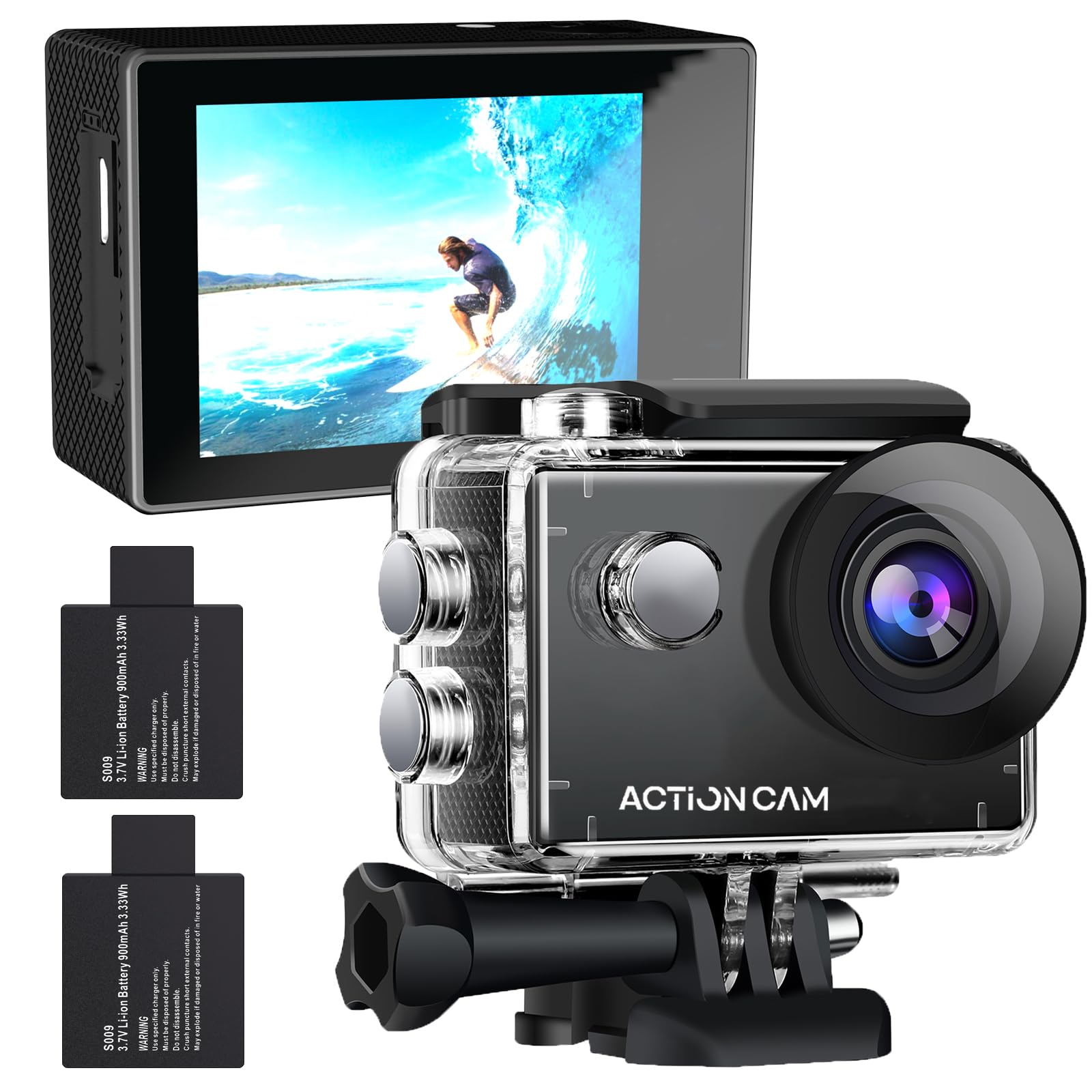 Action Camera 1080P 30fps Sports Camera 40m/131ft Underwater Waterproof with 2 Batteries and Multi-Function Accessory