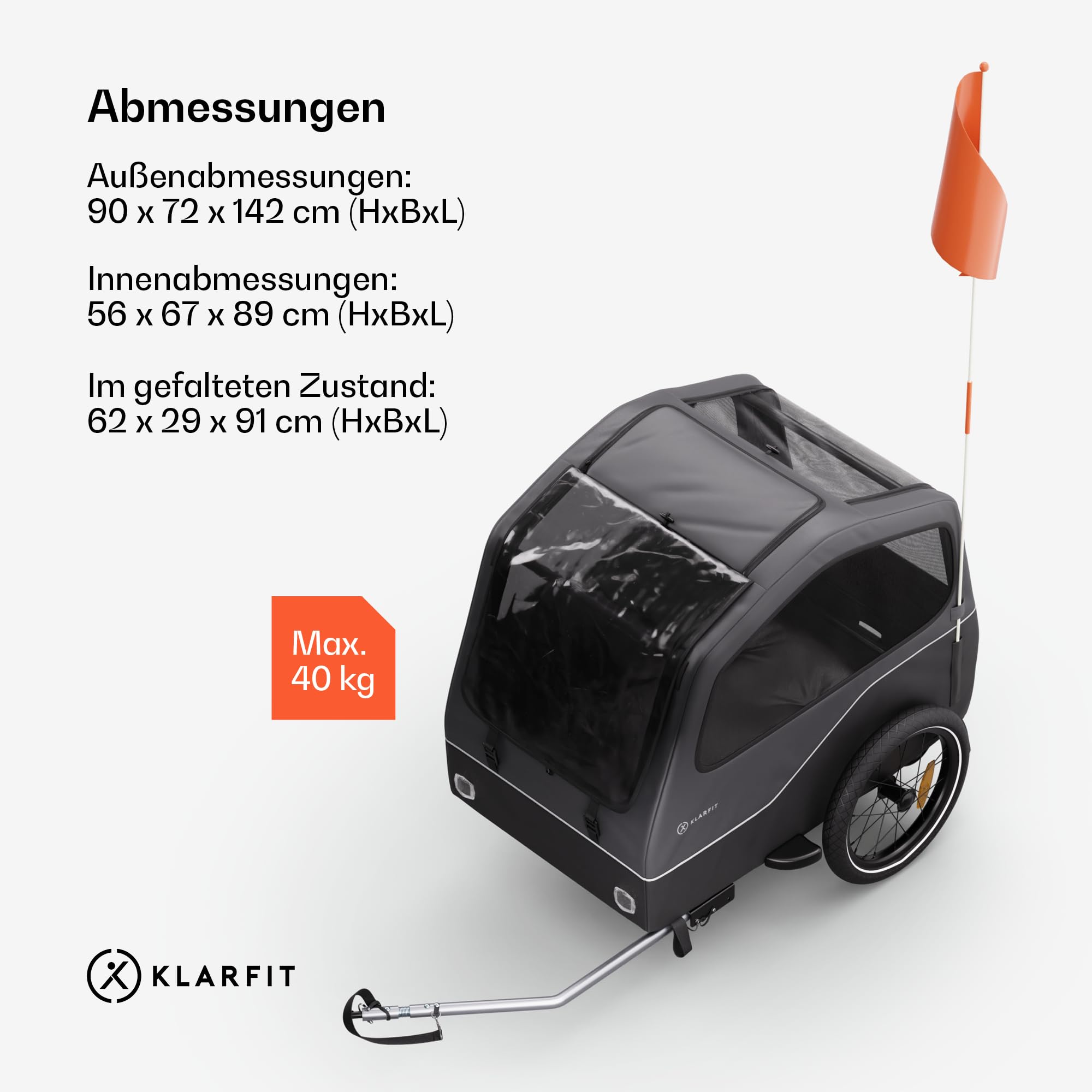 Klarfit Goldie Home Fahrradanhänger für Hunde, 334 L Volumen, Wasserabweisend, Reflektoren & Sicherheitsflagge, 40 kg Tragfähigkeit, Zusammenklappbar, 16-Zoll-Räder, Schwarz
