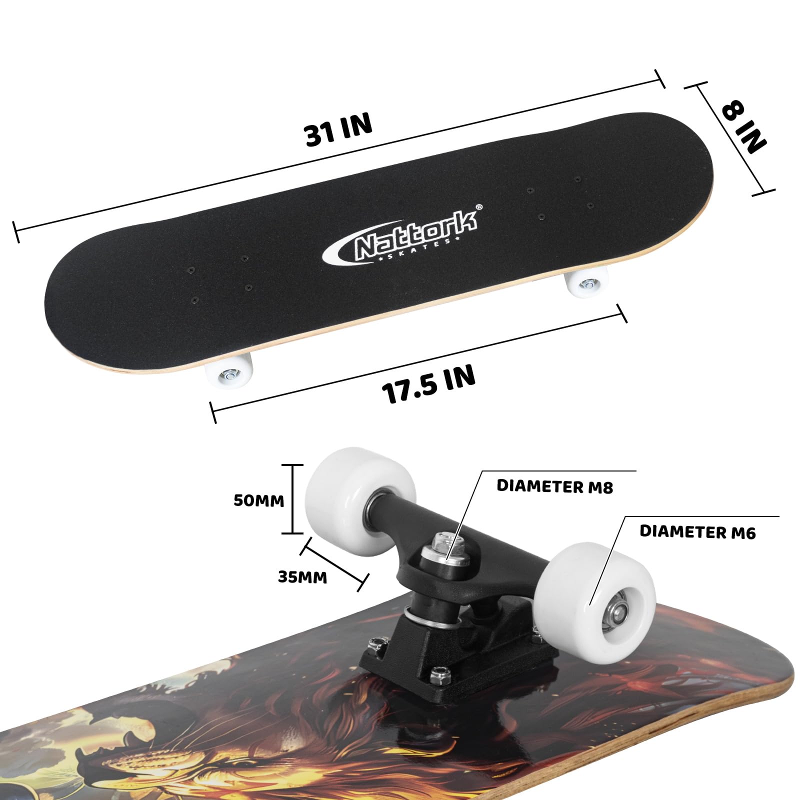 Nattork 31-Inch Complete Skateboard – 9-Ply Canadian Maple Deck with Checkerboard Design, Ideal for Beginners and Teens of All Ages