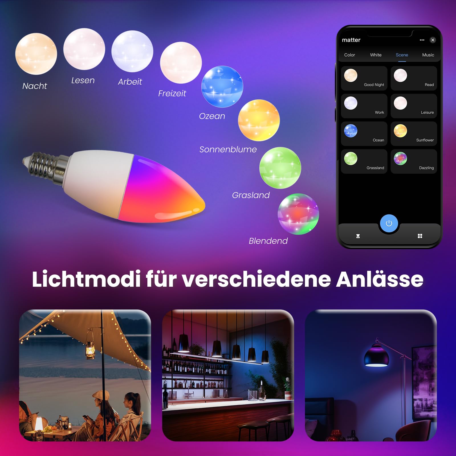 MOES Smart Glühbirne Matter E14, WLAN Alexa LED Lampe RGBCW, WW, mit Dimmbar, Musiksynchronisation, 16 Millionen Farben, kompatibel mit Apple HomeKit, SmartThings, Alexa, Google Home,4 Stück
