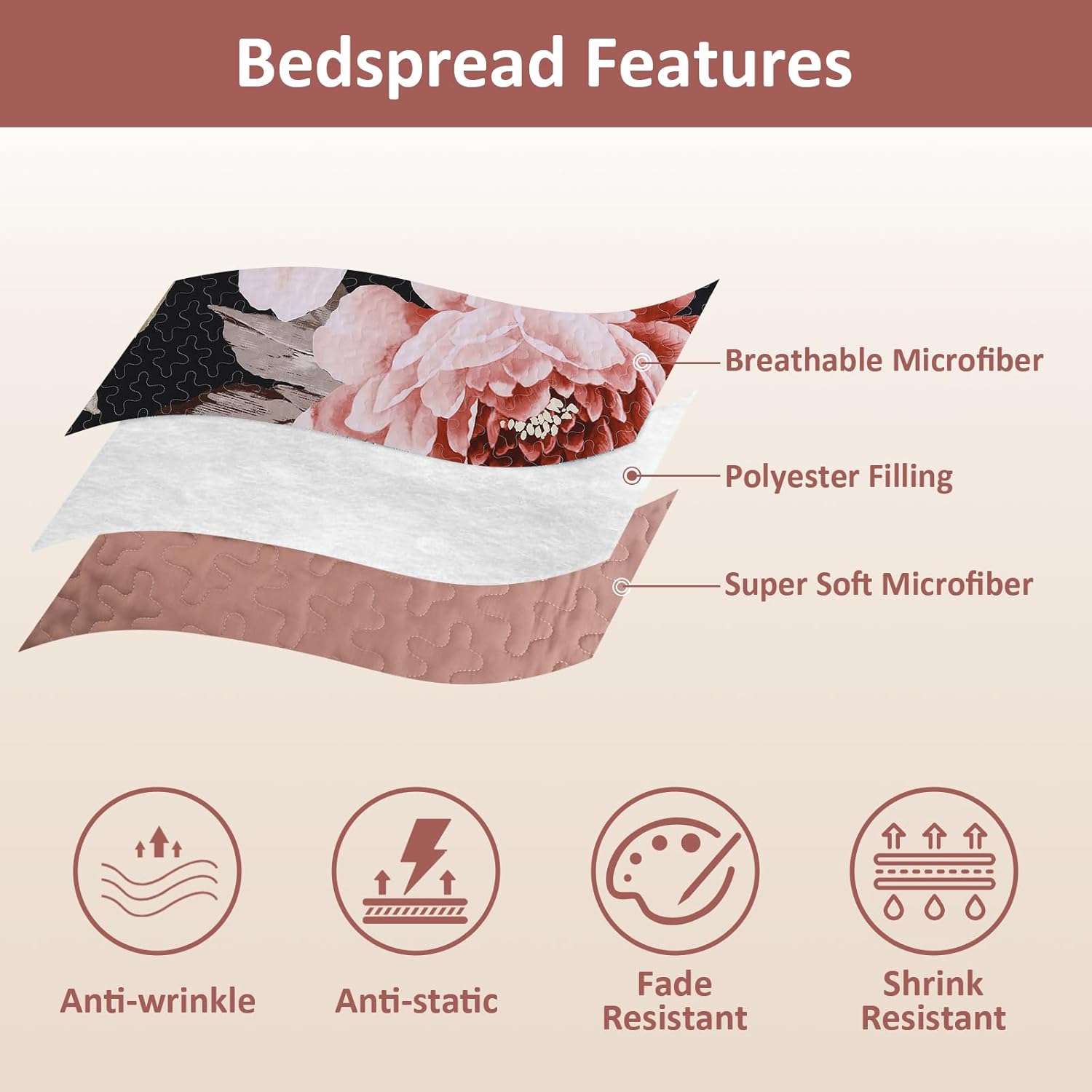 WONGS BEDDING Black Quilt Set King, Elegant Botanical Printed Bedspreads 3 Pieces Pink Floral Lightweight Bedding Set for All Seasons Reversible Coverlet Set with 2 Pillow Shams - Image 6