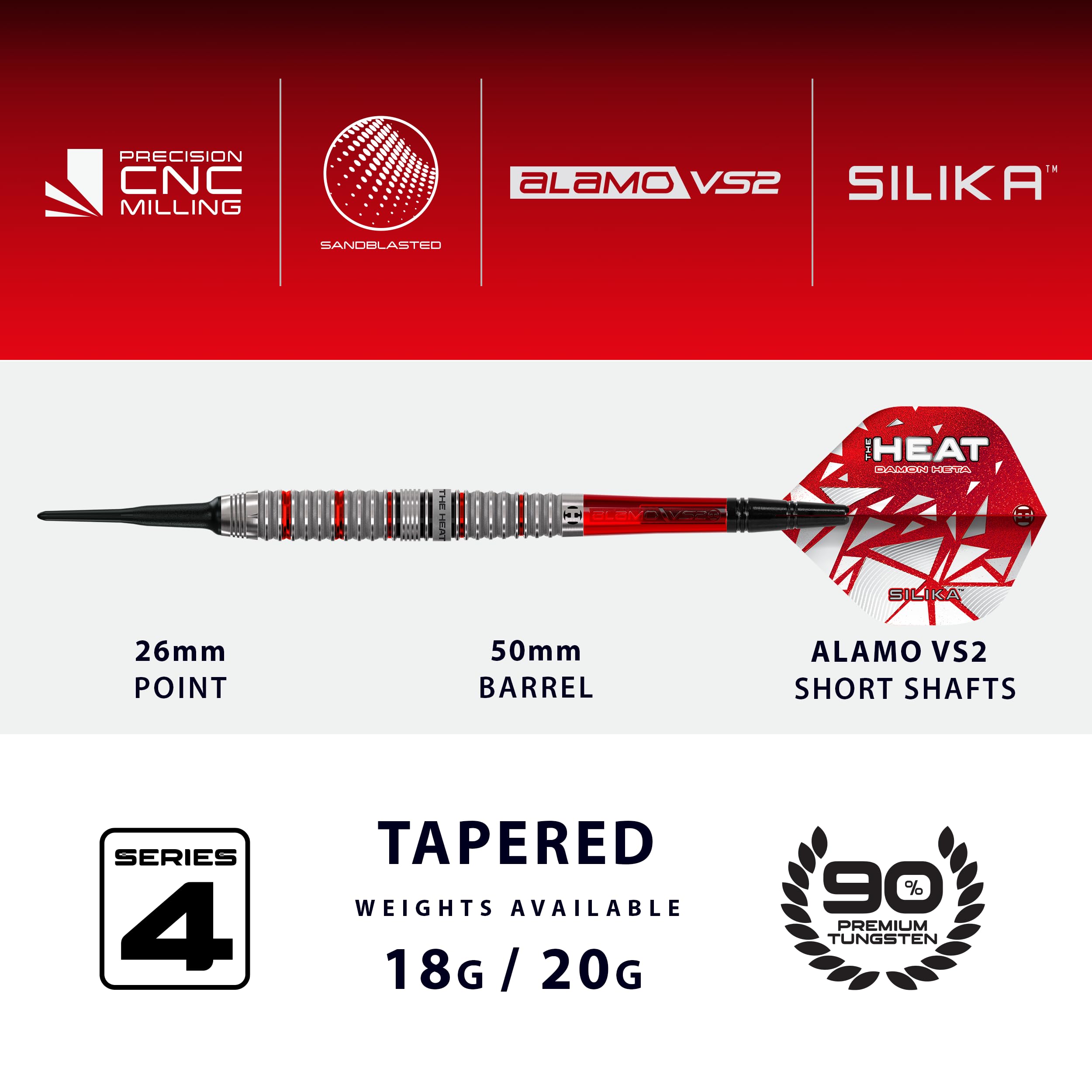 Harrows Damon Heta 90% Tungsten Darts Series 4, Softtip Darts Set Available in 18g & 20g with Alamo VS2 Shafts & Silica Flights, Professional Player Inspired Design for Electronic Dartboards
