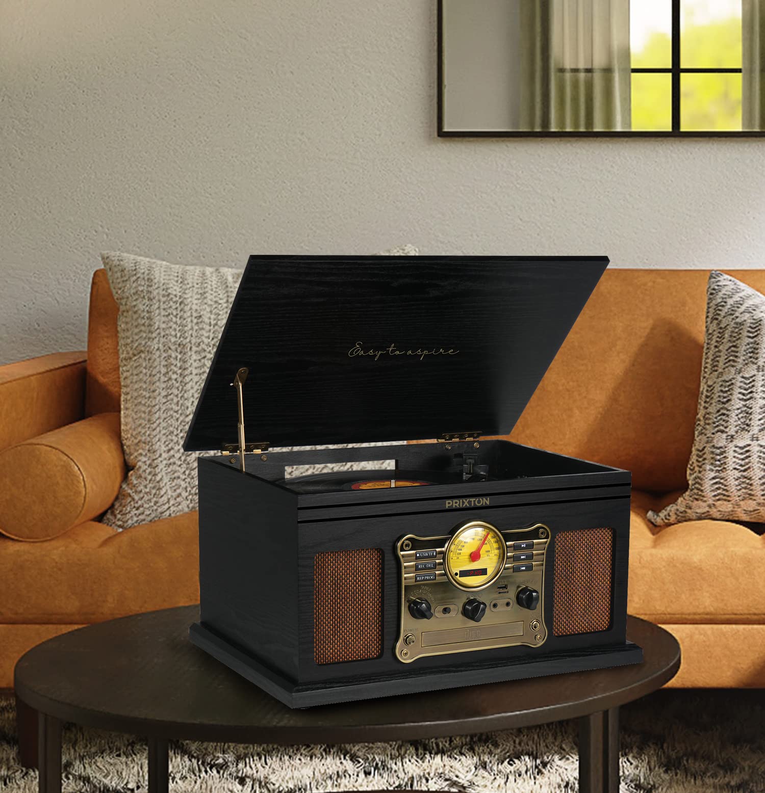 PRIXTON Platine Vinyle Century, Tourne-Disque Vintage avec Bluetooth, Lecteur et Convertisseur des vinyles/CD/Cassete/USB/MPS/Radio FM, 2 Haut-parleurs, Couleur Noir