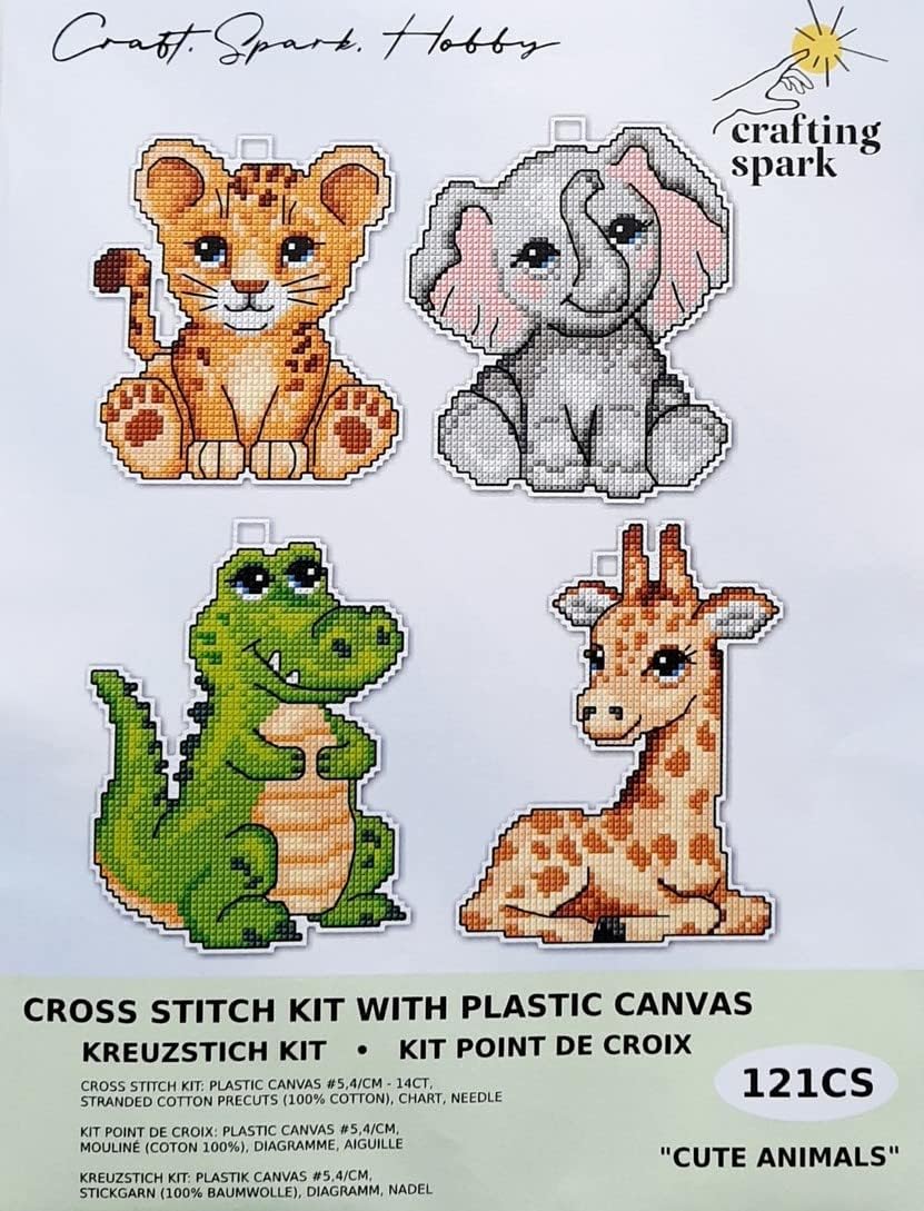 Counted Cross-Stitch Kit on Plastic Canvas with Cute Animals. 4 Lovely Ornaments Different Dimensions 121CS. 14 Count Plastic Canvas Sheets 8.27x11.02 Inches. Wonderful for Art & Craft Amateurs