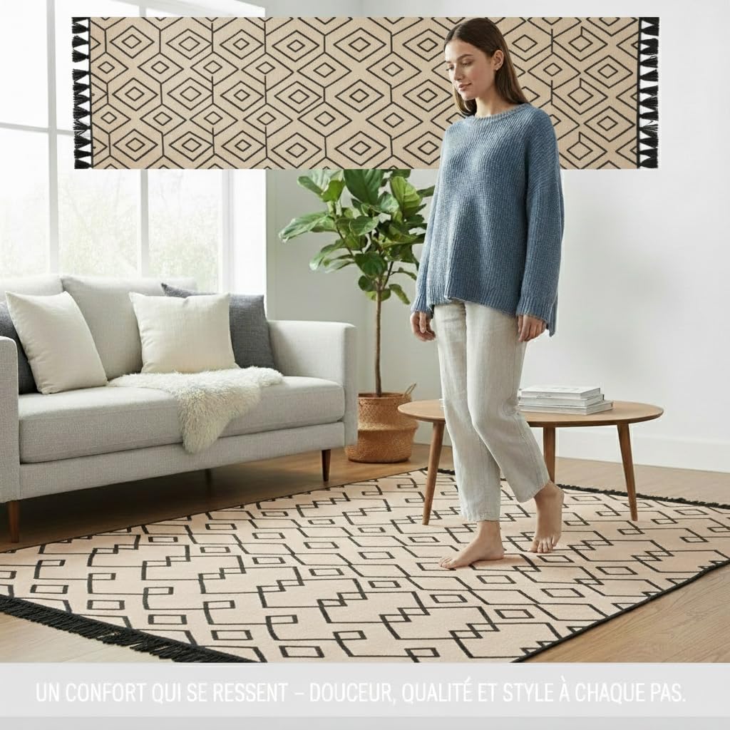 Jimri Tapis de Couloir - Tapis pour Salon, Chambre, Cuisine, Chambre d'enfant, Salle de Bain - Boho Kelim - Noir/Beige, 160 x 230 cm