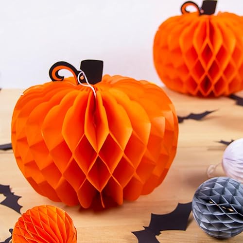 Miniatura 4 de Paquete de 12 centros de mesa de calabazas de otoño para mesas de 10 pulgadas, bola de tejido de panal de abeja para colgar, calabazas colgantes de