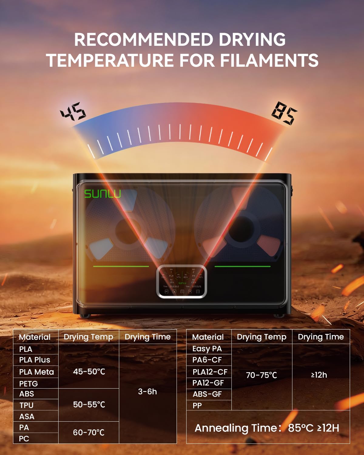 SUNLU Secador de filamento para impresora 3D S4 Pro, control de temperatura de doble zona, color negro | hasta 85 °C, calentador PTC de 380 W, recocido, control automático de humedad, para ABS/PLA/PETG/nailon
