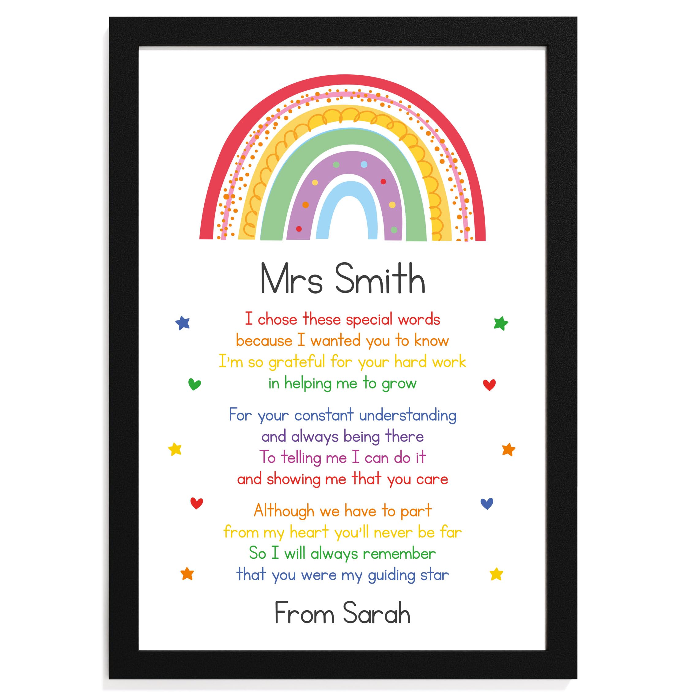 Beecreative Teacher Gifts For Women Personalised - A5, A4 Print With Wooden Frame - Female Teacher Appreciation Present