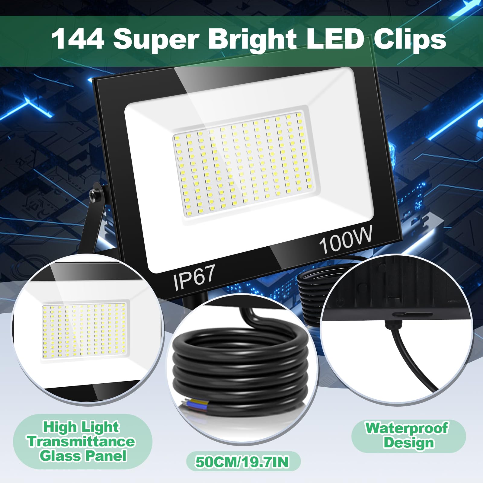 Faretto LED Da Esterno 100W | 10000LM, 6500K | Luci Di Sicurezza IP65 Super Luminose Con 144 LED | Per Giardino, Officina, Cortile, Stadio