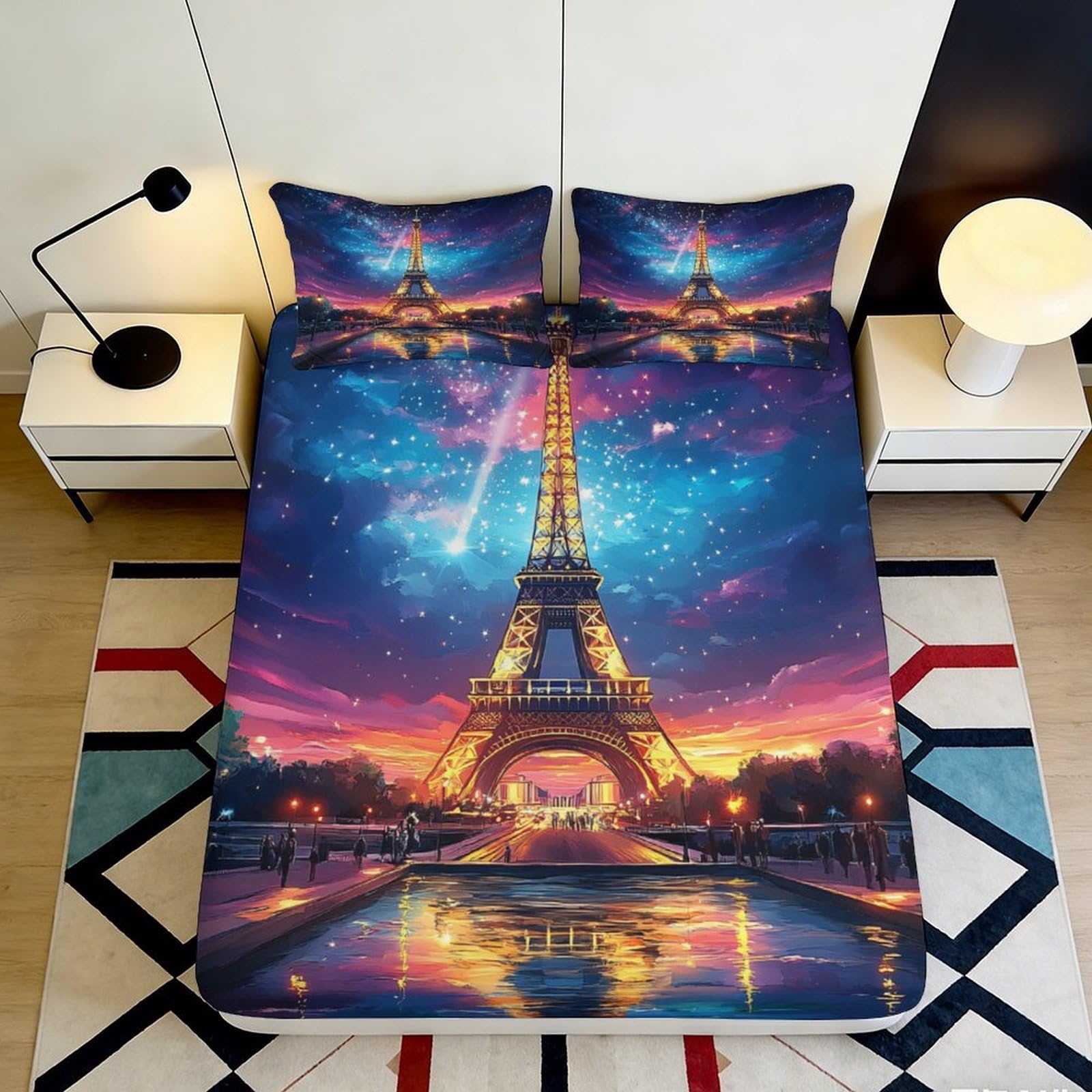 Dhbaneiok Style-5 3D Printed Eiffel Tower Night Fitted Sheet Microfiber Soft Mattress Cover Paris Skyline Bed Decor For Bedroom 90X200x25cm