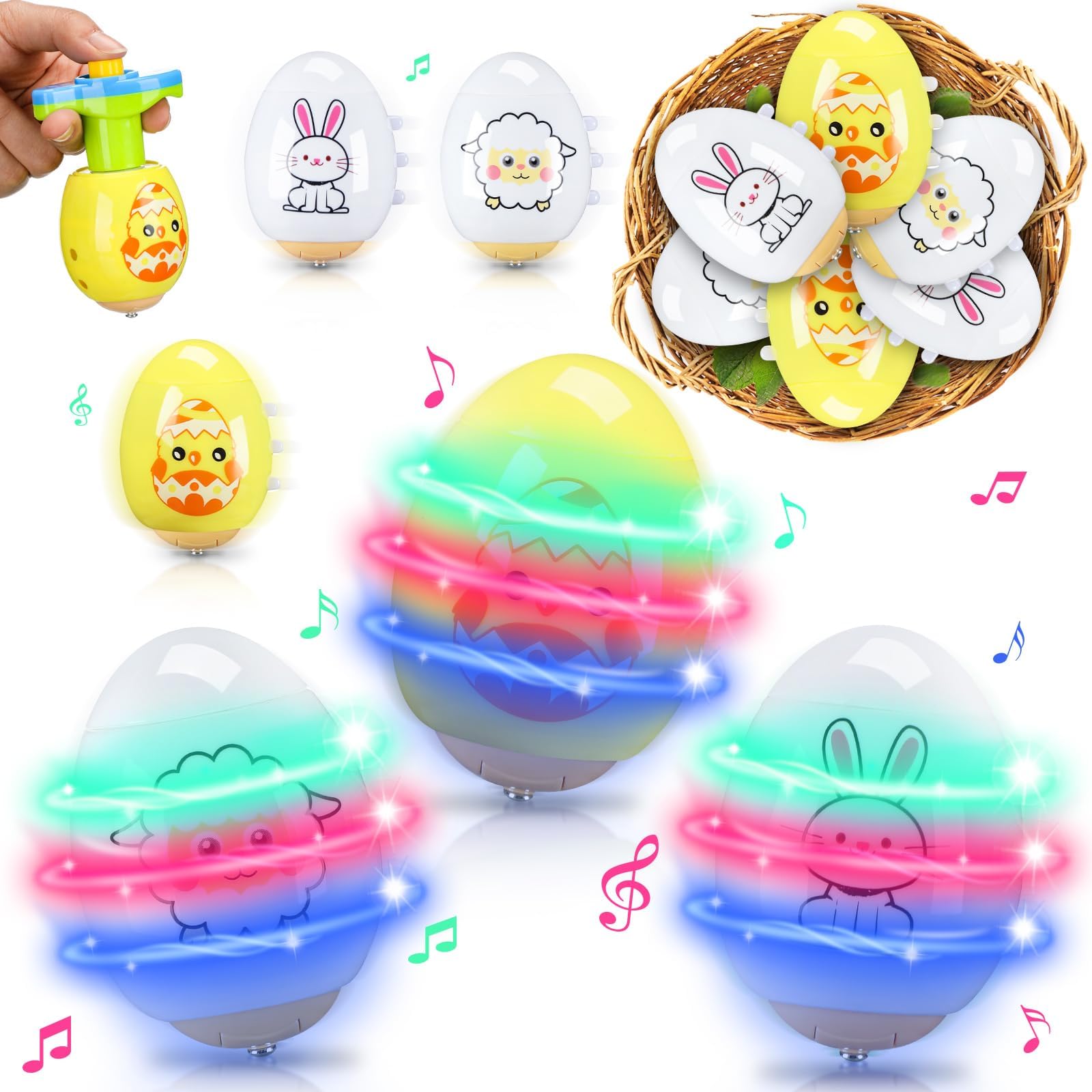 Jetec 12 Pcs Easter Eggs Spinning Toys Easter Gifts for Boys Girls Light up Flashing Easter Spin Tops with LED Gyroscope for Party Favors, Glow in The Dark Supplies, Goodie Bag Stuffers, Gifts