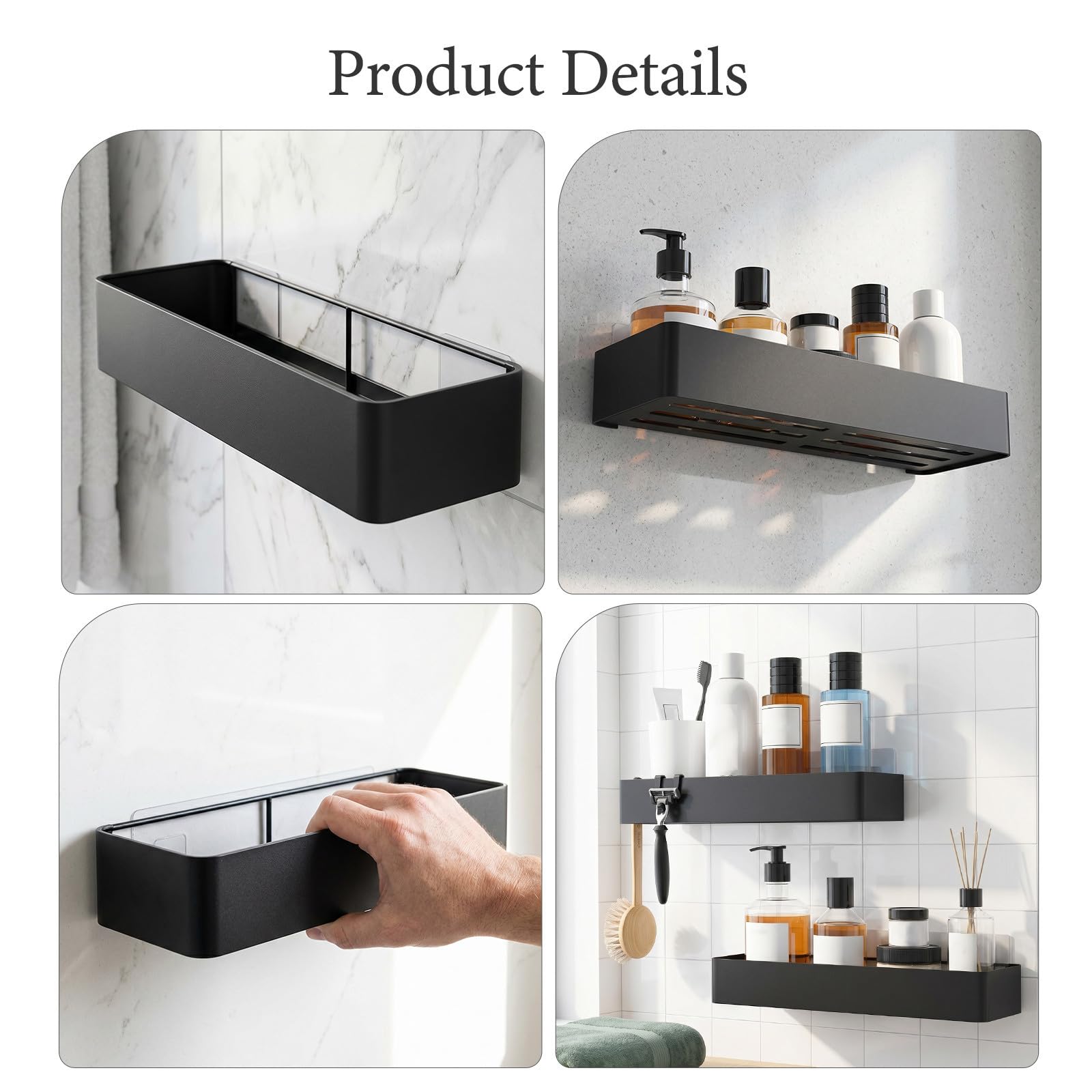 Veemoon Estante de Ducha 2 Repisas y Estructura de Acero al Carbono sin Taladro Negro Resistente al Óxido con Diseño Abierto para Baño y Dormitorio