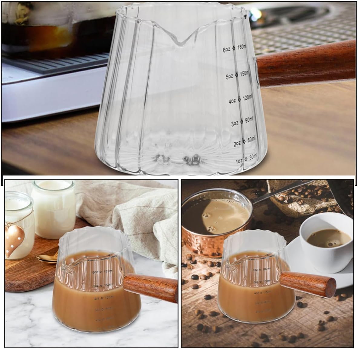 VOSAREA 3pcs Espresso Shot Glasses with Wood Handle, 180ml Glass Single Spout Pitchers, Practical and Comfortable Grip, for Coffee and Espresso Serving