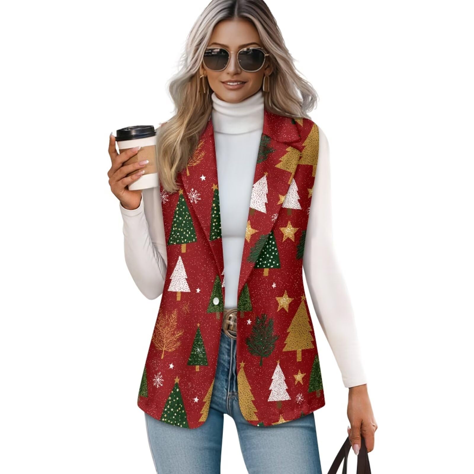 Christmas Suit Vest for Women V Neck Blazer Jacket Fall Sleeveless Vest Tops Lightweight Casual Work Office Blazer