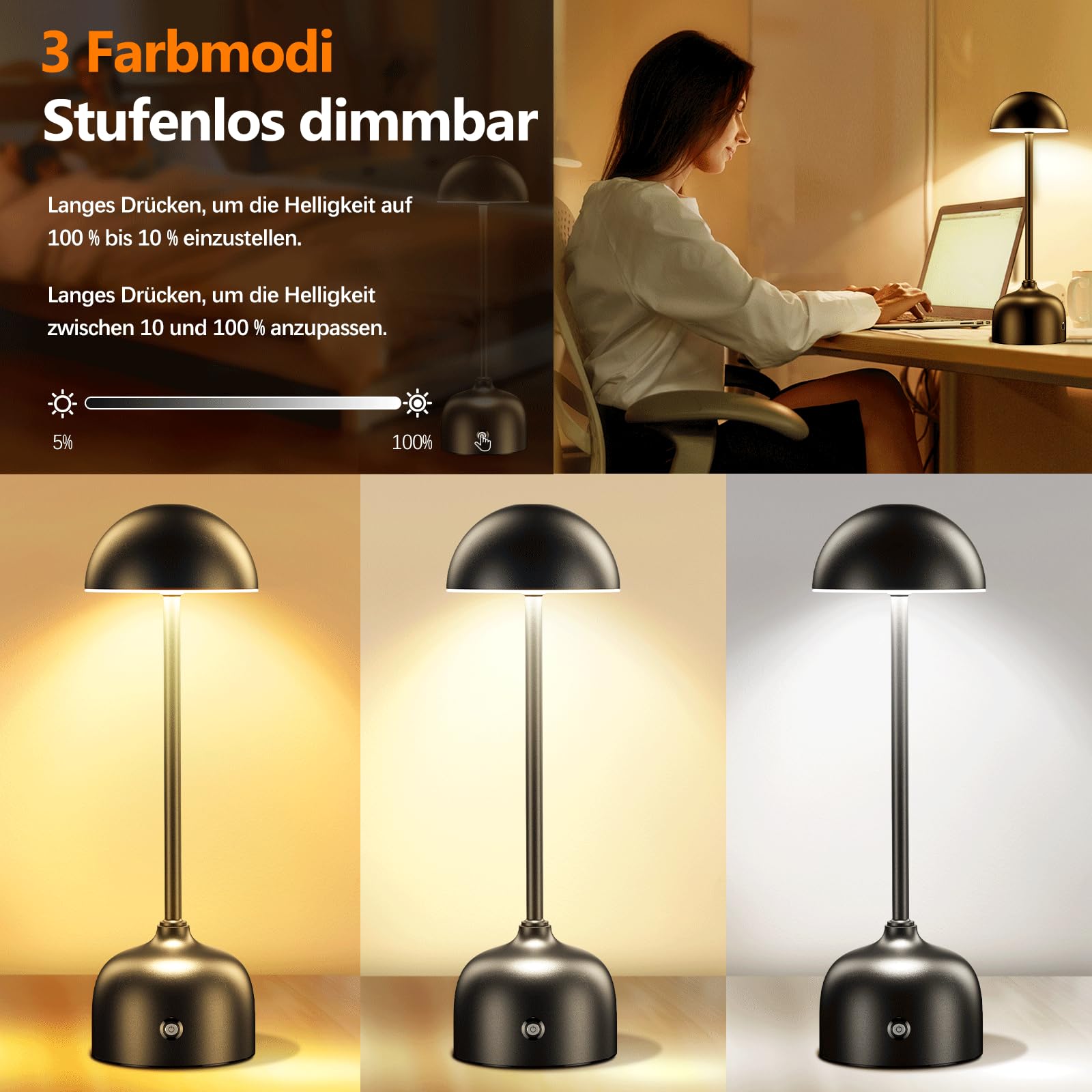 Lampada da tavolo senza fili con touch, lampada da tavolo a LED, a batteria, dimmerabile, 3 modalità di colore, 5000 mAh, con funzione di ricarica, IP54, impermeabile, per interni ed esterni (2 pezzi)