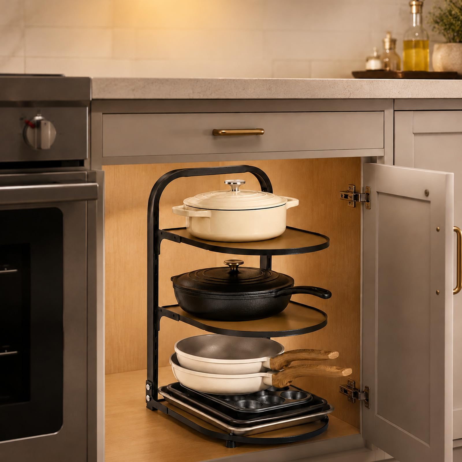 Organizador de sartenes para cocina, estante de cocina, sartén de cocina, estante de almacenamiento escalonado, estante de almacenamiento de 3 niveles ajustable para armario