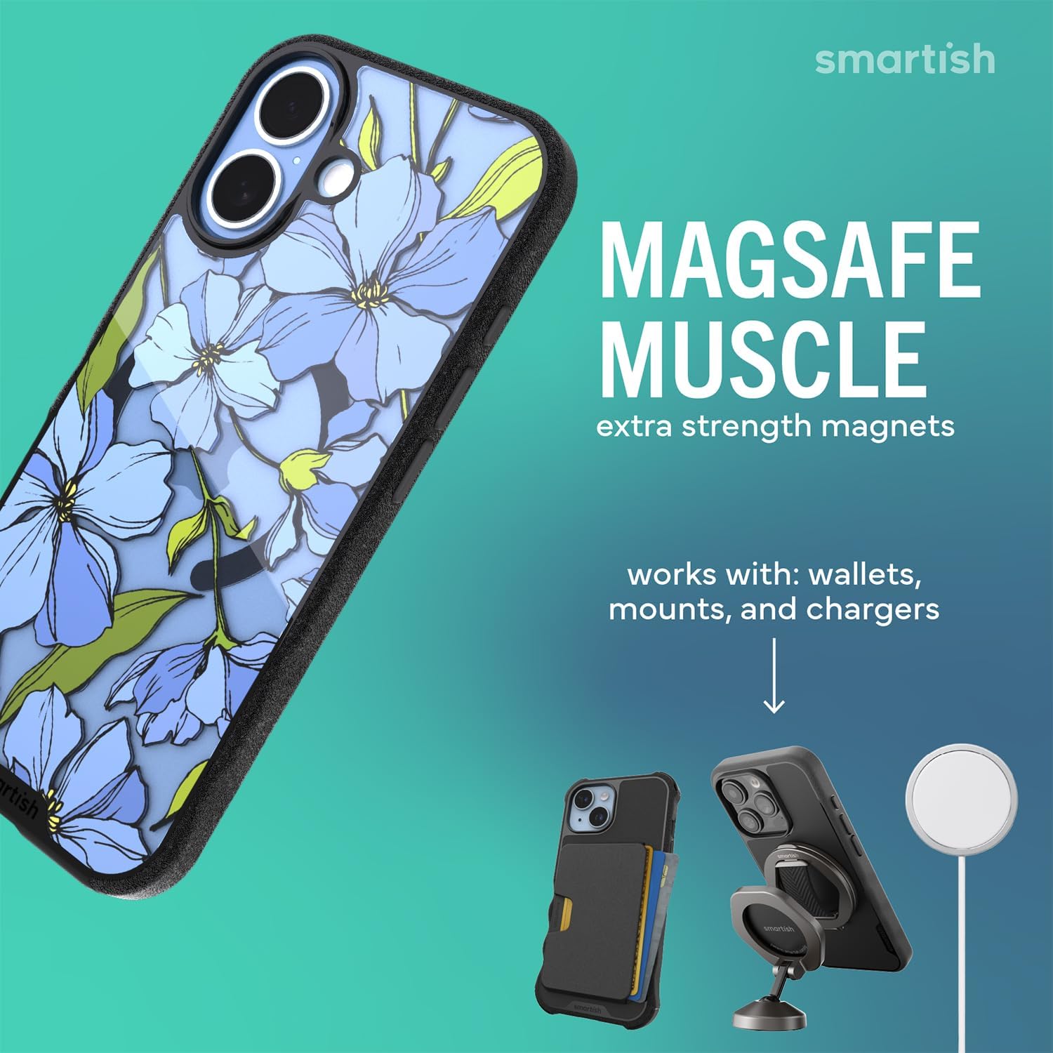 Smartish® iPhone 17 MagSafe Clear Case - Gripmunk Magnetic Slim Case [Lightweight + Protective] Anti-Yellowing Thin Grip Clear Cover for Apple iPhone 17 - Blue Blossoms