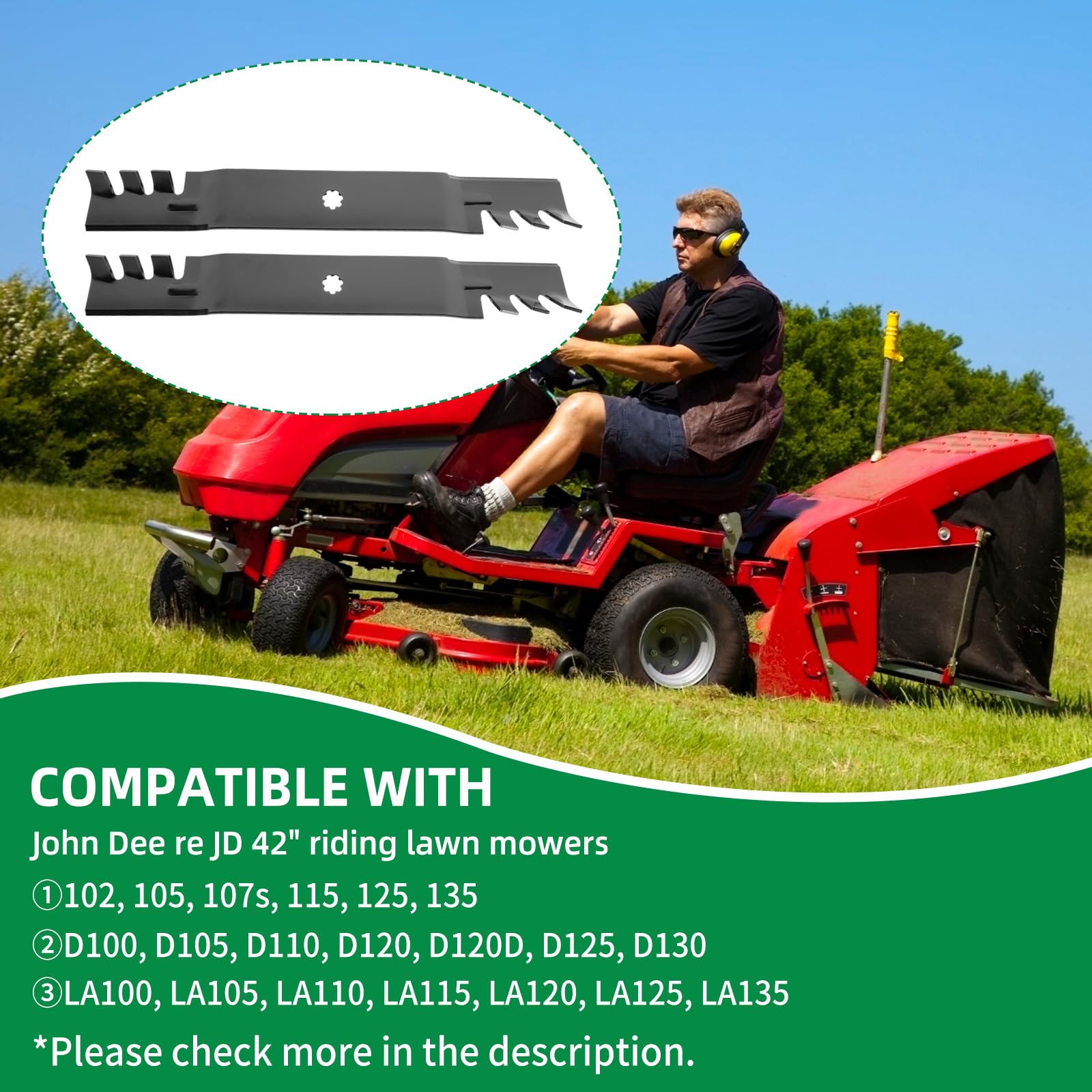 GX22151 Gator - Cuchillas de cortacésped compatibles con John Deere de 42 pulgadas, cuchillas de repuesto GY20850 para tractor de césped John Dee re 102 125 135 D100 D105 D130, reemplaza AM141033