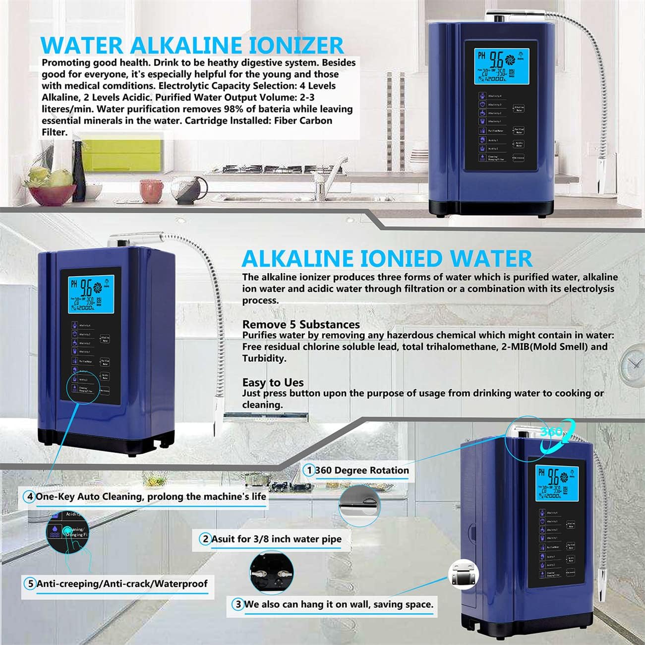 Alkaline Water Ionizer, Up to -500mV ORP, PH 3.5-10.5 Water Purifier Machine,Auto-Cleaning,Intelligent Voice，285x170x110 mm (Alkalinesilver)