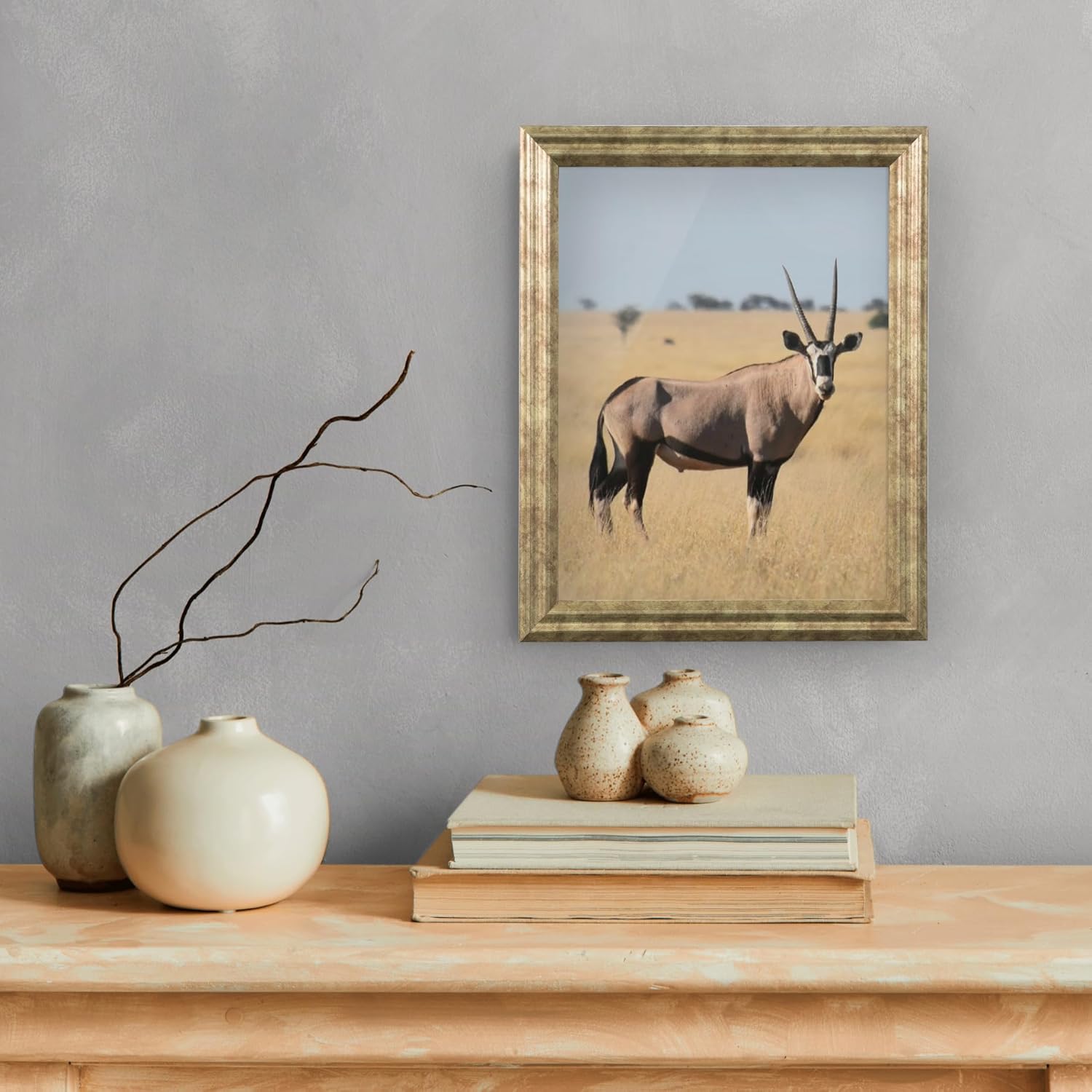 Desert Brass 3x15 Picture Frame .75" Inch Wide - Beige Olive Wall Decor Handmade Solid Wood Frames with Preinstalled Hangers and UV Blocking Plexiglass 15x3 Frame