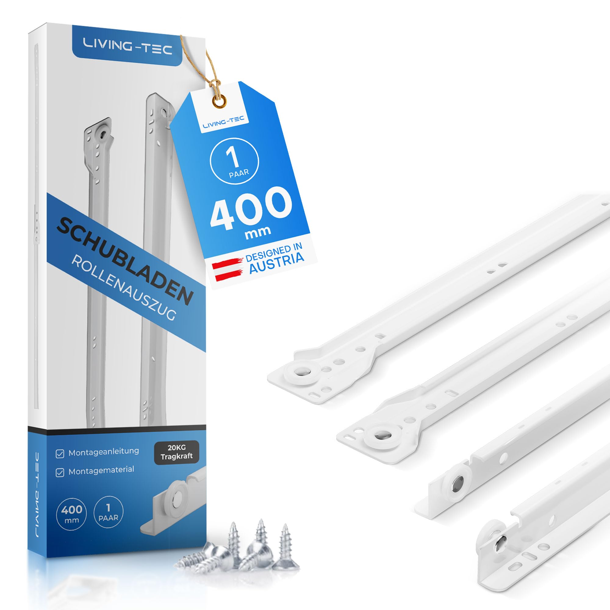 Living-Tec 400 Living Tec® Drawer Runners, Roller Extension, White, Mm Length, Complete Set (1 Pair), Drawer Rail System With Partial Extension, Smooth Runners Drawer, Bp-032.-1