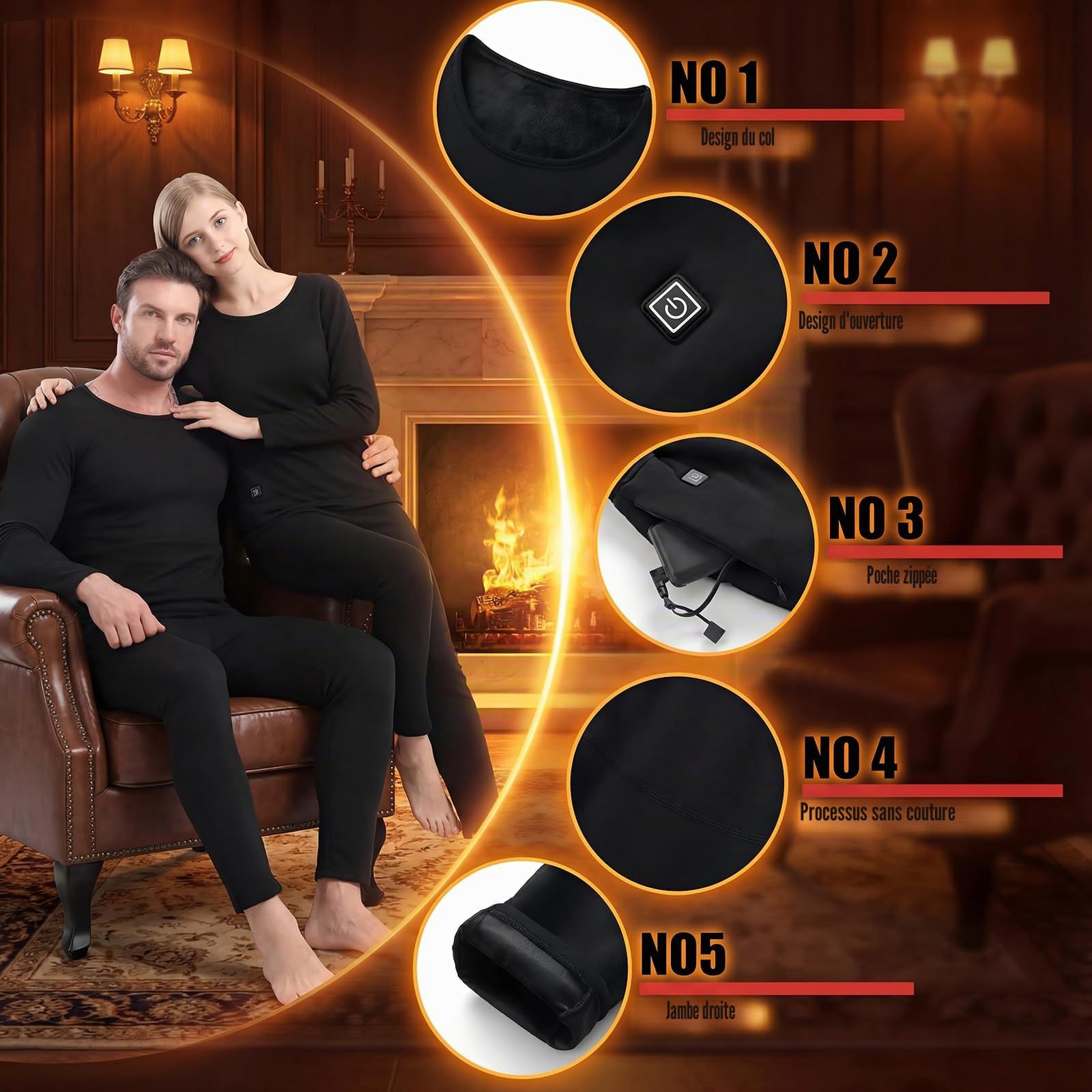 Ensemble de sous-vêtements Thermiques Chauffants pour Hommes d'hiver sous-vêtements Chauffants Chauffants intelligents USB à 28 Zones Convient aux d'hiver froids pour Le Ski