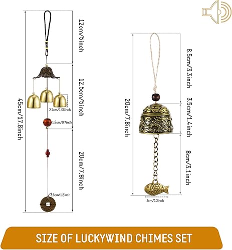 Miniatura 2 de 4 carillones de viento Feng Shui chino Feng Shui Metal Lucky Bell 3 campanas de viento colgantes vintage dragón y peces carillón colgante para buena