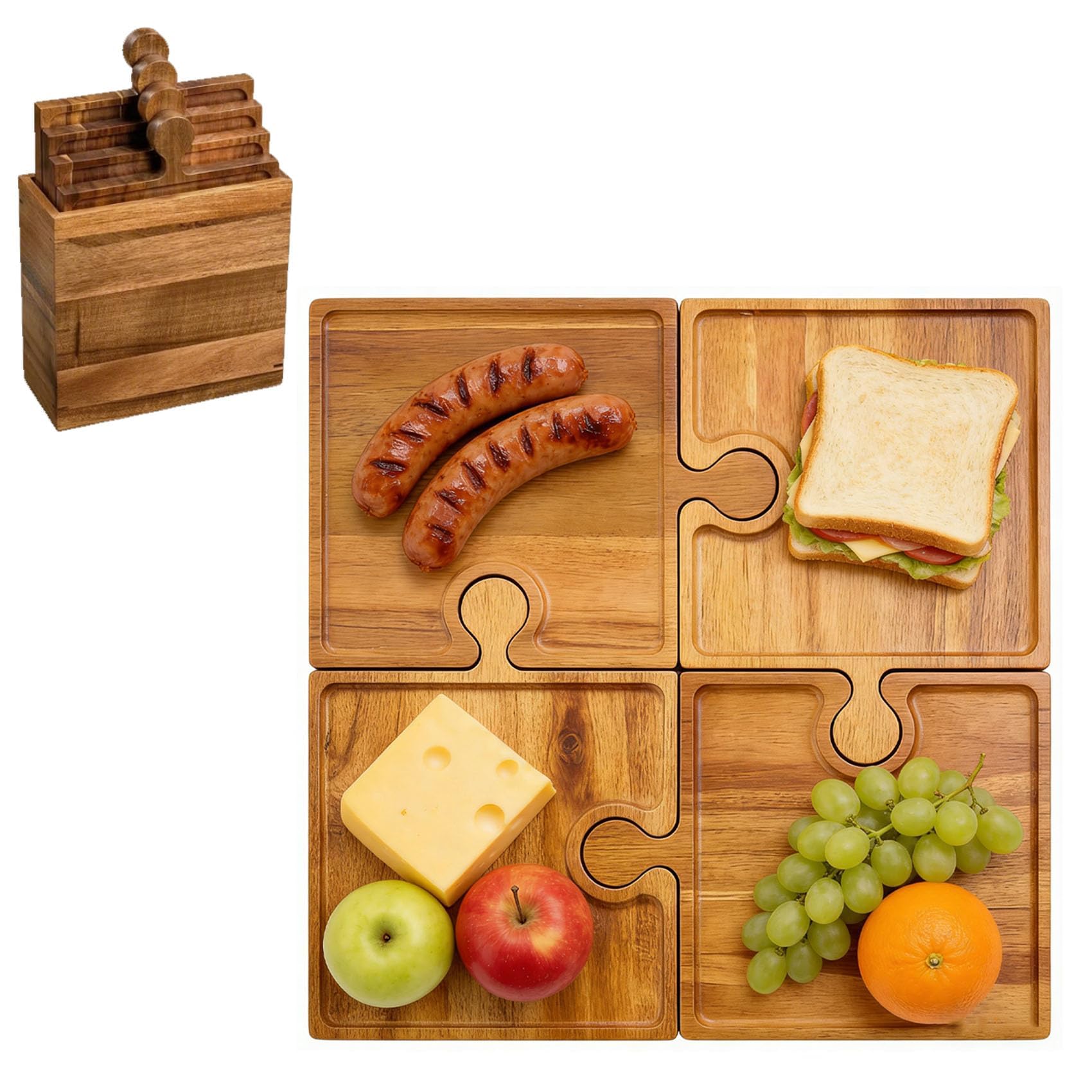 Set di 4 taglieri in legno ad incastro per salumi, formaggi e antipasti con manici, perfetti per feste e regali di inaugurazione della casa (include scatola Sto)