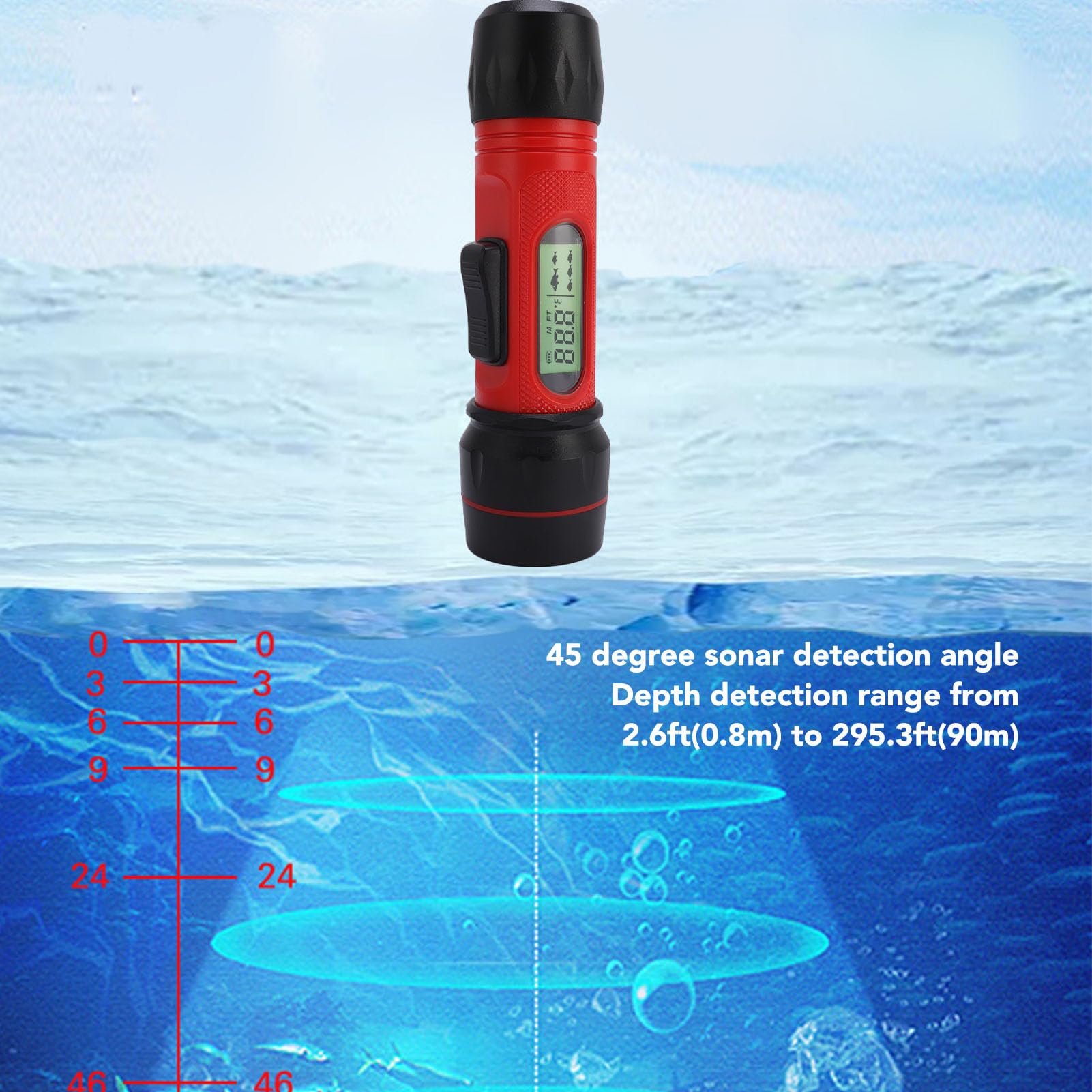 Denash Fischfinder, Sonar-Handheld IP68, Wasserdicht, 90 M Tiefenmesser mit LCD-Display für Kajakboot-Eisfischen, Tragbarer Fischtiefenmesser