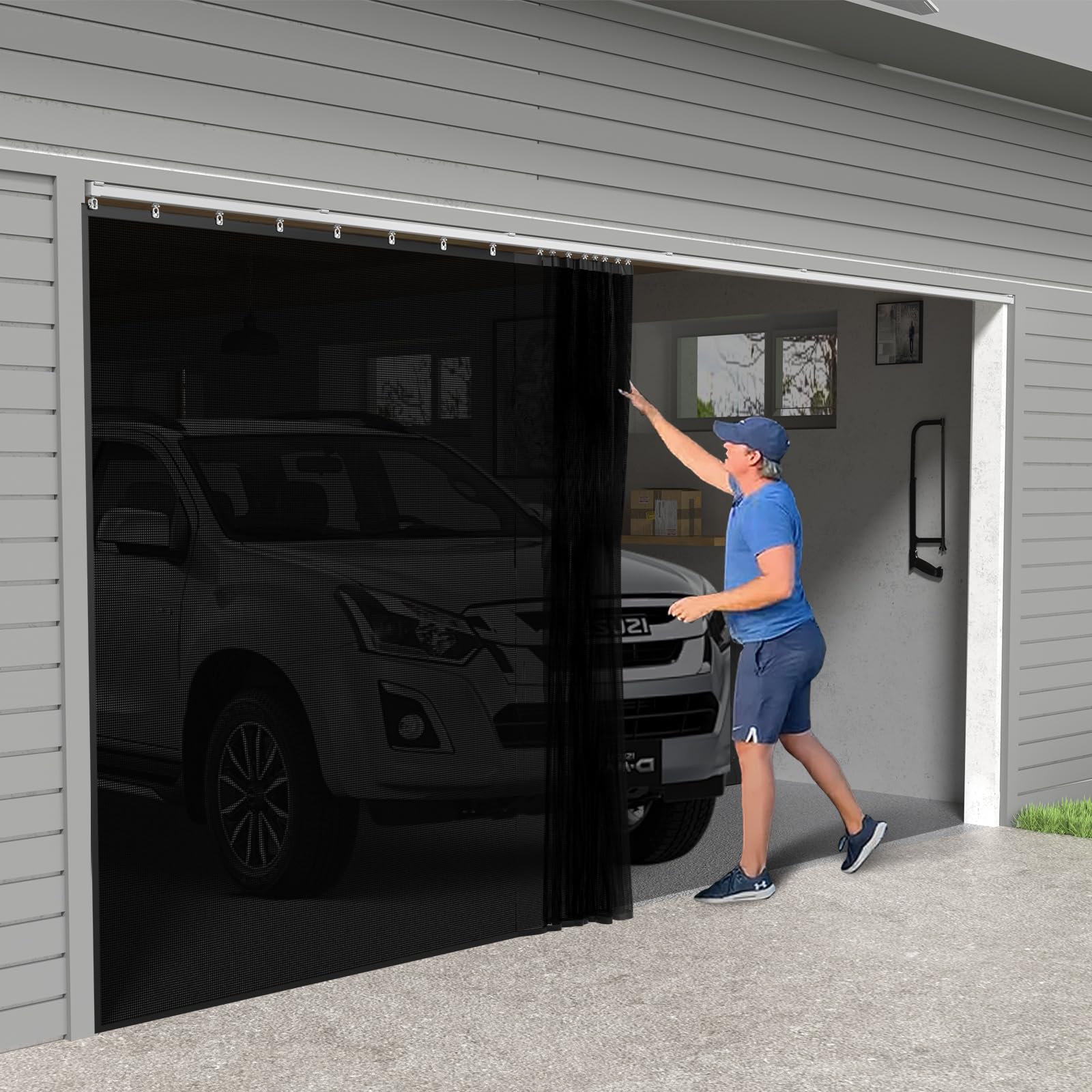 Sliding Garage Door Screen with Track Closure - Retractable Privacy Curtain Keep Annoying Animals Out Easy Install Heavy Duty Fiberglass Mesh Net for