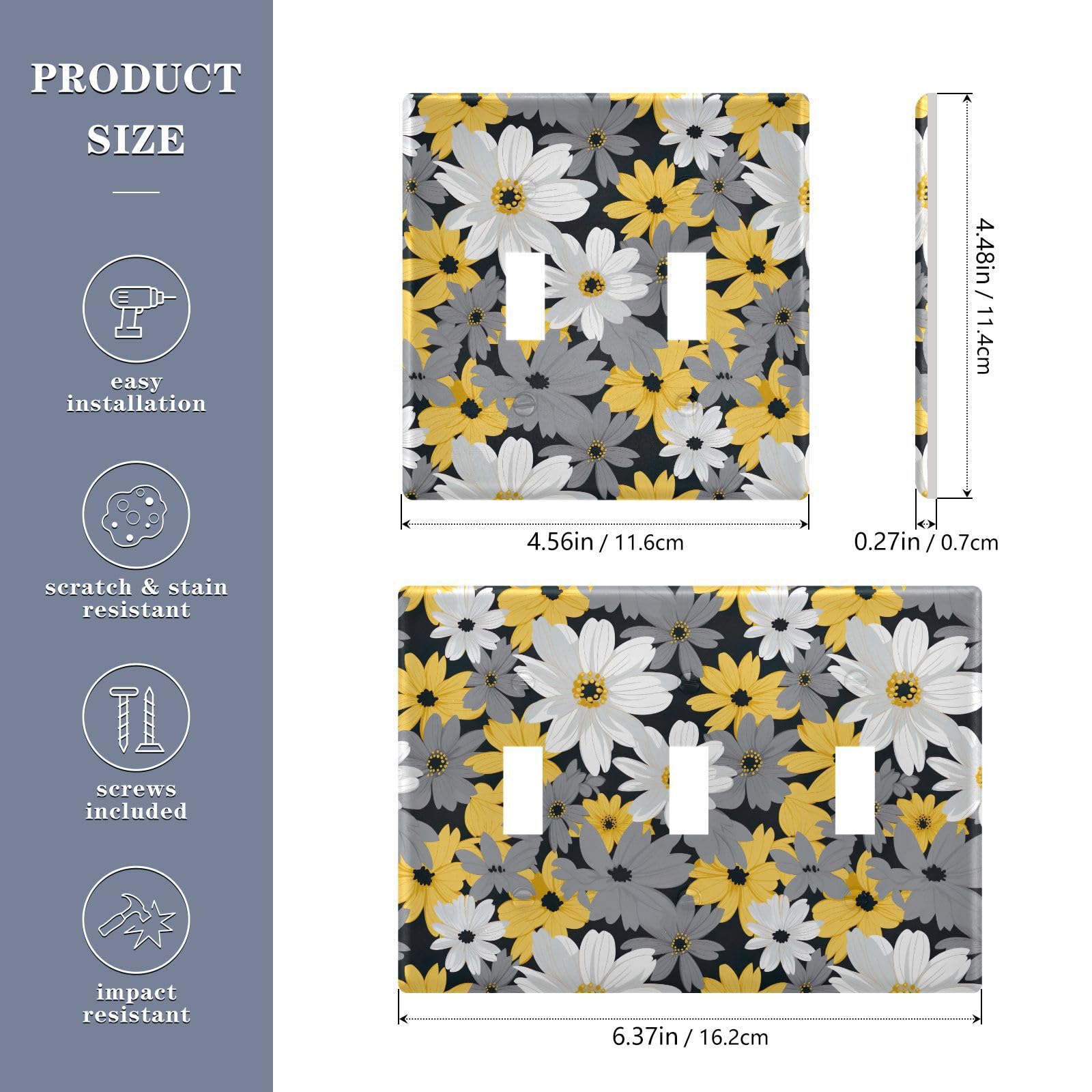 Light Switch Cover Gray Yellow White Daisy Flower Wall Plates for Electrical Outlets 3 Gang 202b2589