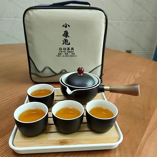 Miniatura 5 de Youngky - Juego de té de cerámica china de gongfu, juego de té portátil de viaje con cafetera de té de rotación 360 e infusor, bolsa de regalo todo
