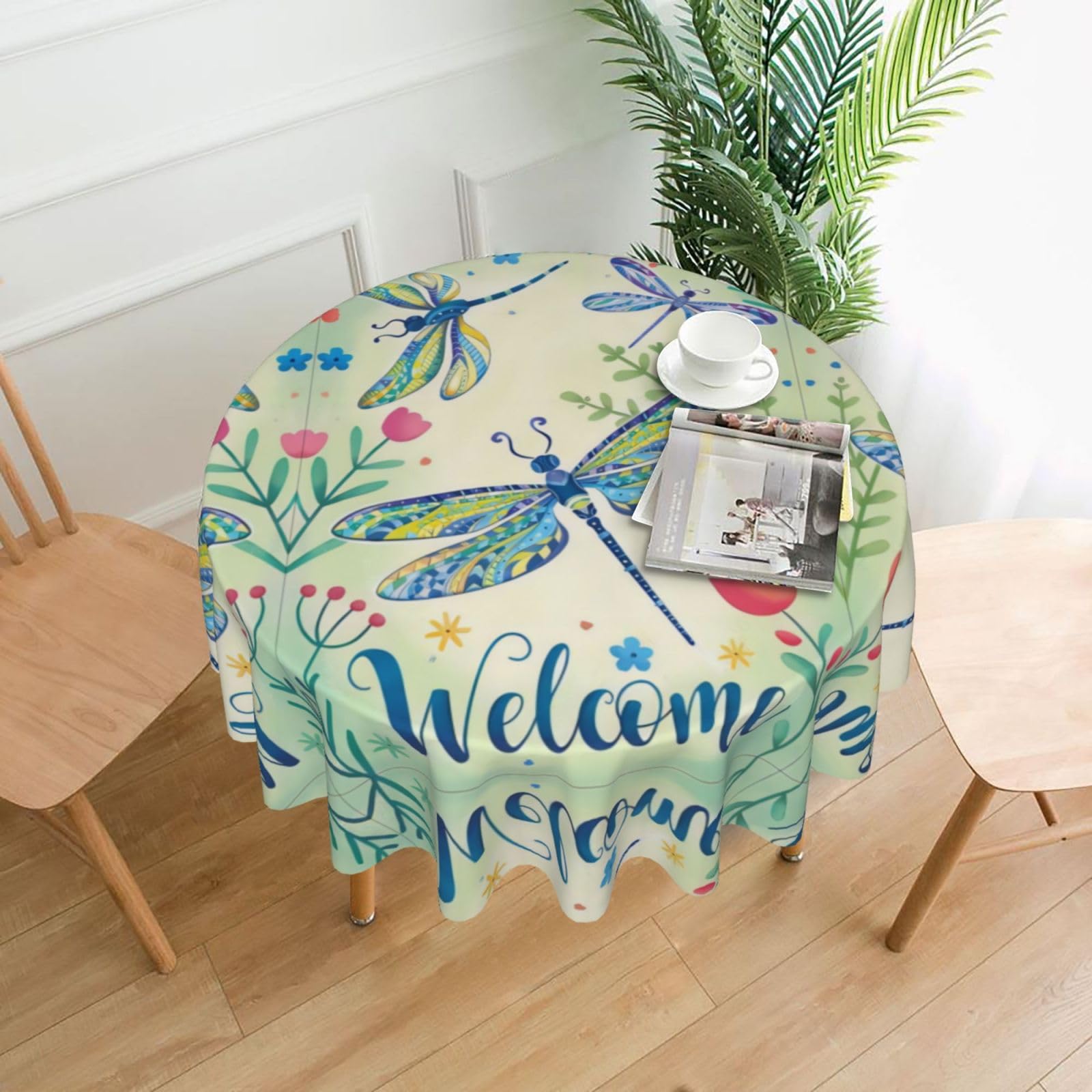 hhxvcv Dragonflies And Flowers Round Tablecloth – Dining Table Cover