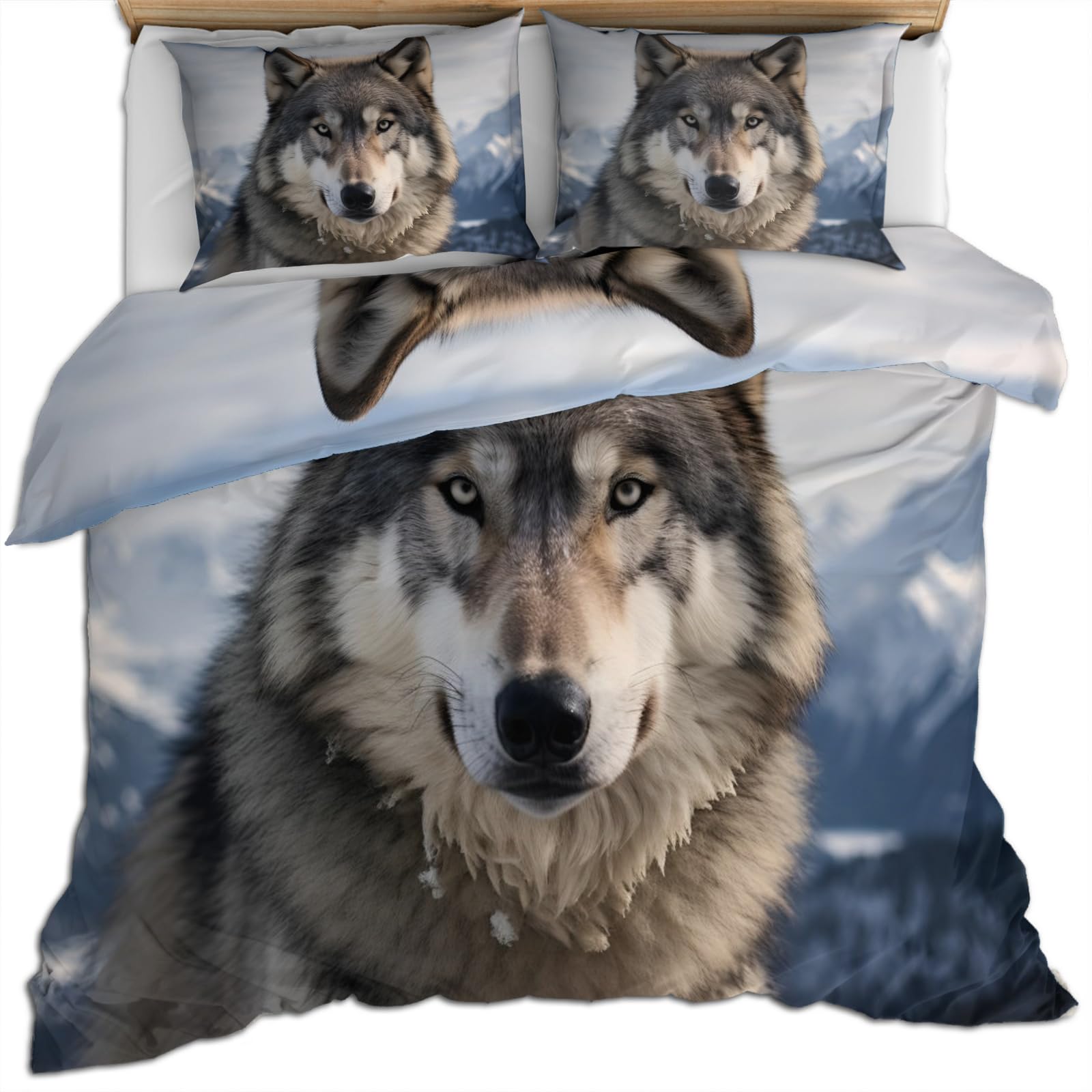 HYGIUID Snow Mountain Wolf Duvet Cover Snow Wolf Bedding Set with 2 Pillowcases Wild Animal Breathable – Ideal for All Seasons (Super King 260x220cm)