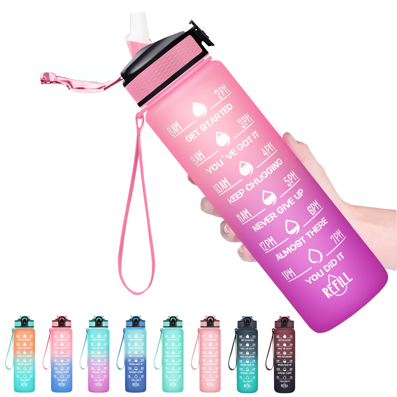 Hyeta Water Bottle with Straw & Time Marker, Plastic 32oz Leakproof — image 1