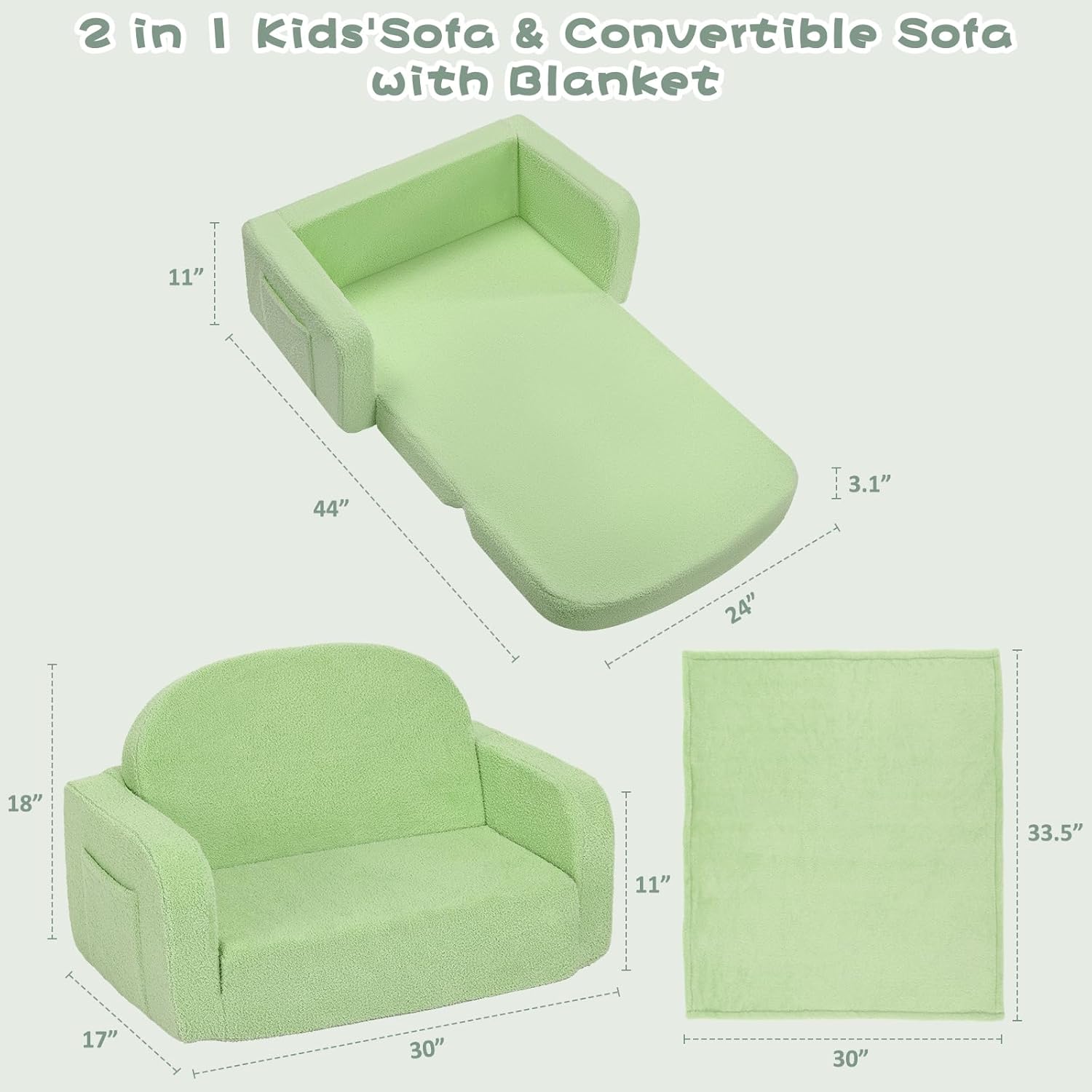 Extra Wide Kids Couch, 2-in-1 Soft Toddler Couch with Blanket, Comfy Toddler Chair, Convertible Sofa, Gifts for Kids Girl Boys, Green