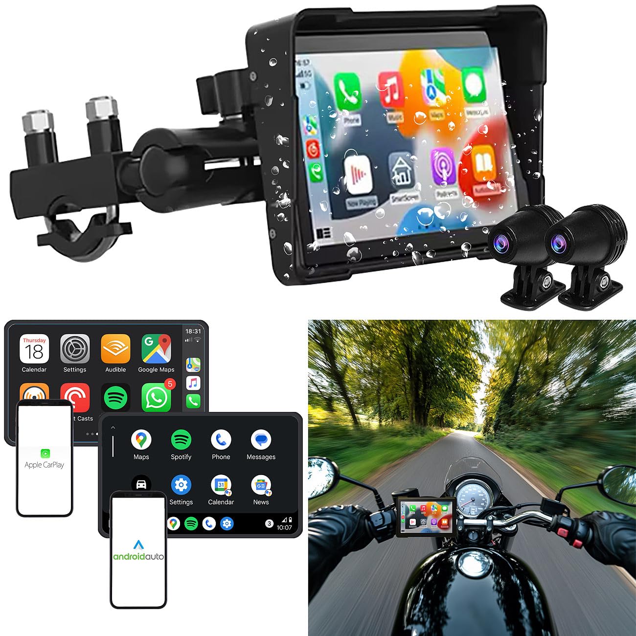 Lescars Motorrad Kamera: Motorrad-Navi-Display, 5", CarPlay- & Android-Auto-komp., 2 Kameras (Carplay Displays, Android Auto Monitor)