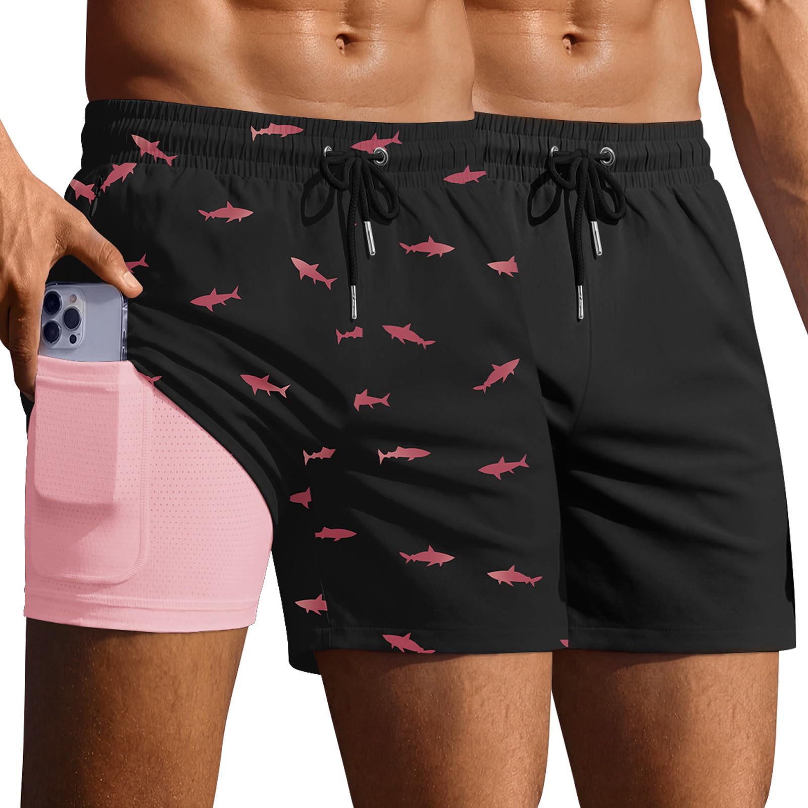 Ekouaer 2 Pack Men's Swim Trunks 5" with Compression Liner 2 in 1 Board Shorts Quick Dry Bathing Suit Swimwear Zipper Pocket — view 8
