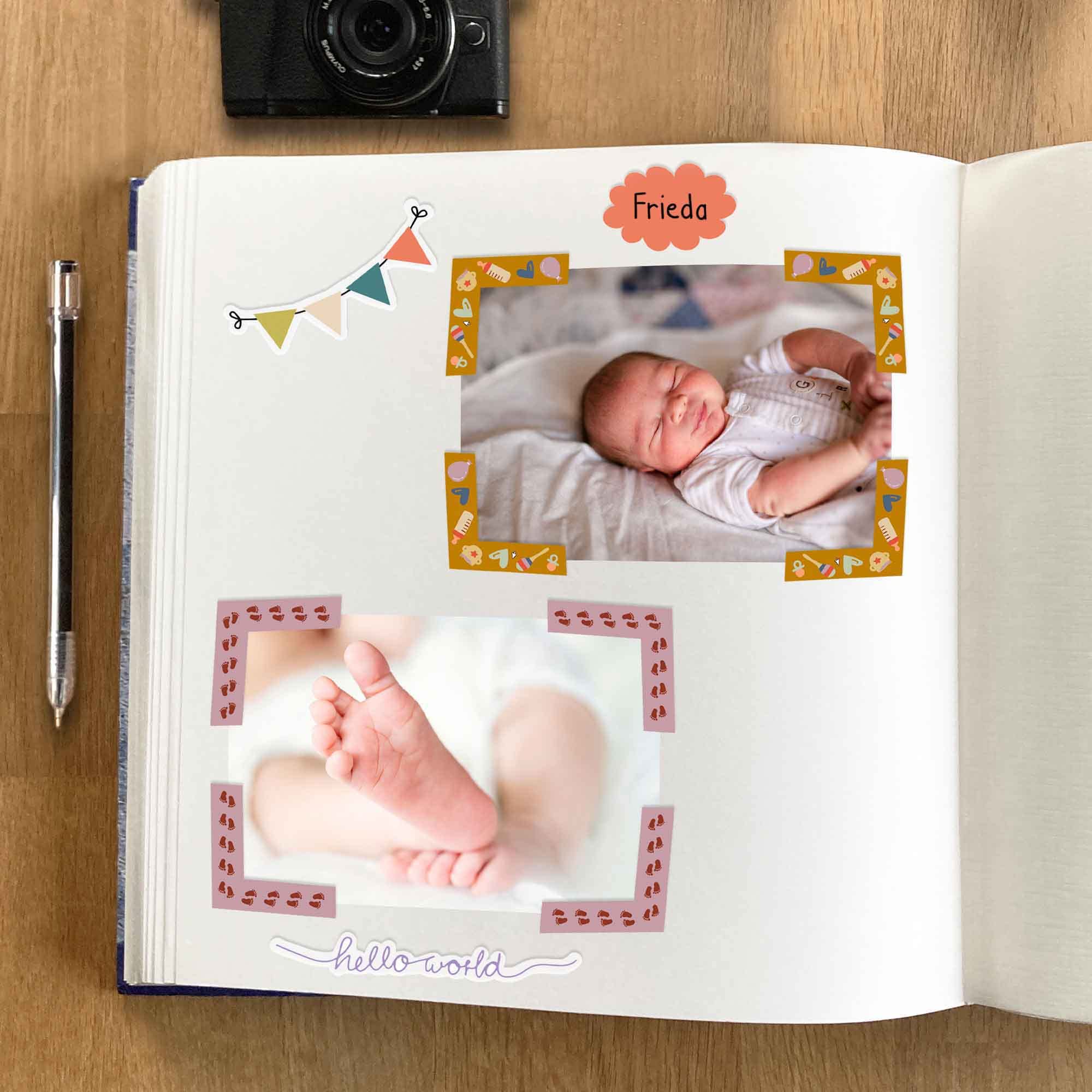 AVERY Zweckform 51026 zestaw naklejek do albumu fotograficznego dla niemowląt, 189 sztuk (ramki na zdjęcia, opisy zdjęć, dekoracja na prezent dla kobiet w ciąży, kartki z życzeniami)