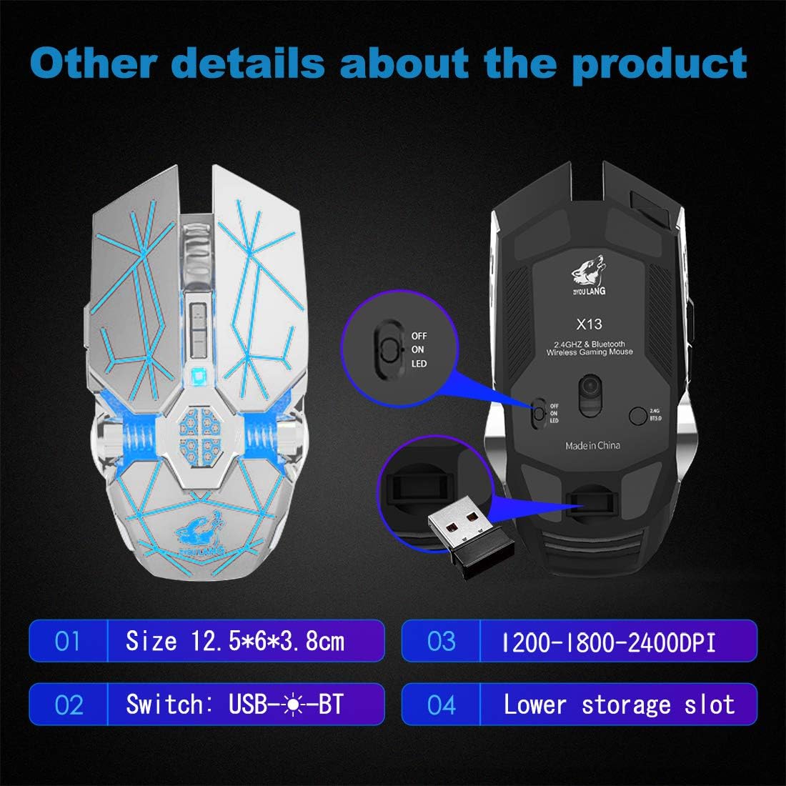 Wireless Bluetooth Gaming Mouse Rechargeable with 7 Button Rainbow RGB Multi Color Breathing Backlit 3 Adjustable DPI Ergonomic Grip Slient Click Power Saving Mode for PC Mac Gamer Officer(StarWhite)