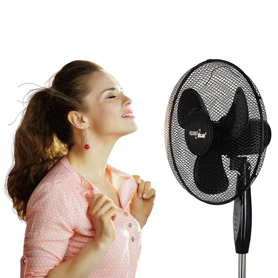Green Blue GB580 Ventilateur sur pied avec télécommande 40 W 3 niveaux de vitesse 40 cm Faible niveau sonore Oscillation Ventilateur de sol avec minuterie 7,5 h Noir