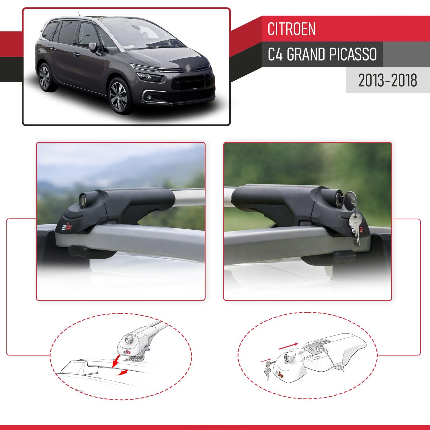 Compatibile con Citroen C4 Grand Picasso 2013-2018 Modello ACE-1 Barre Tetto Portapacchi Auto Barre Portatutto Grigio Alluminio 2 Barre