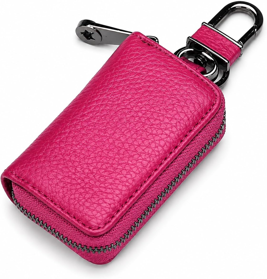 Leather Car Key Case with Zipper, Compact Smart Key Fob Holder with Keychain, Portable Car Key Organizer Pouch